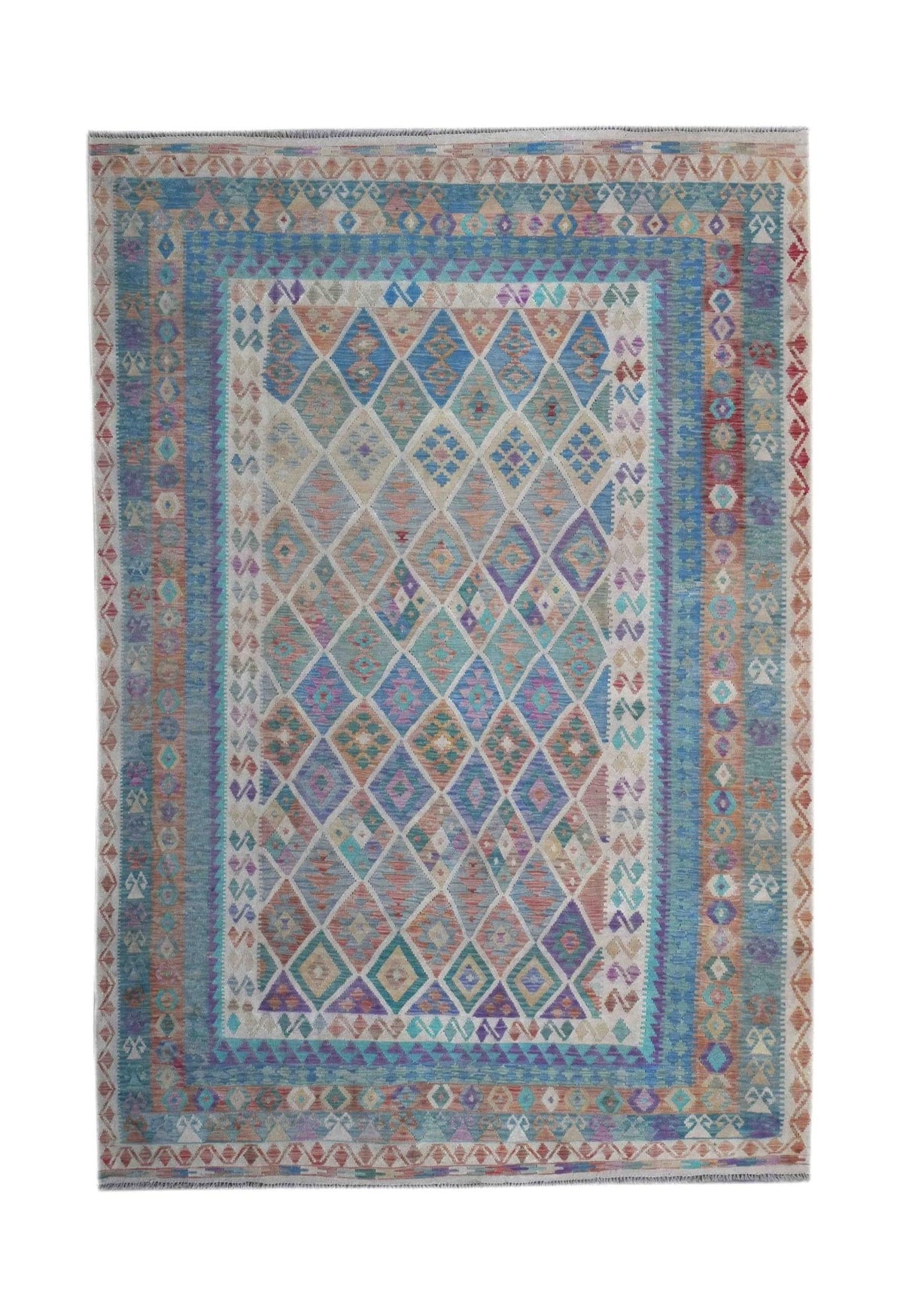 Handmade Afghan Maimana kilim rug featuring a colorful diamond pattern and geometric borders.