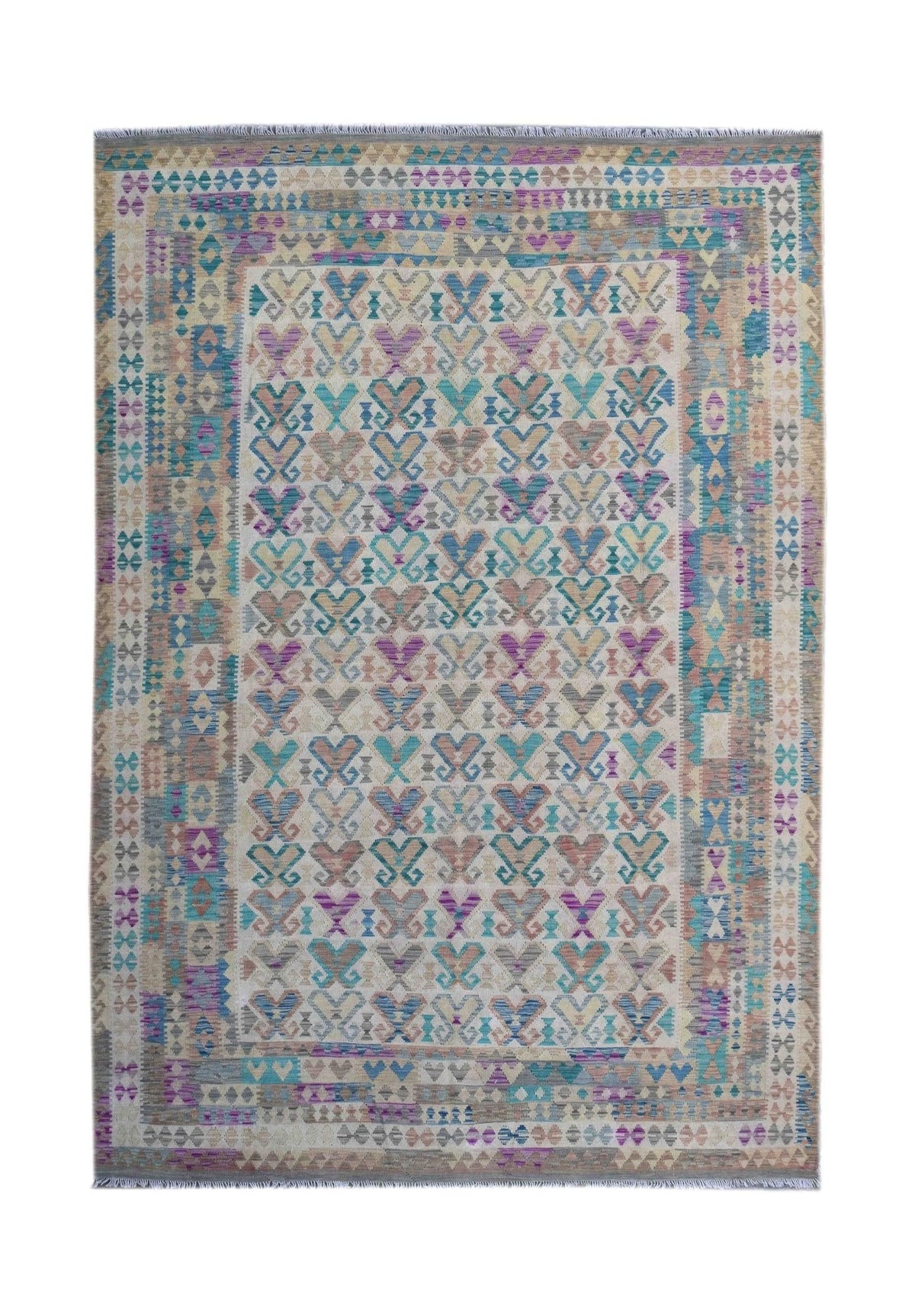 Handmade Afghan Maimana kilim rug featuring a geometric pattern in multicolored wool.