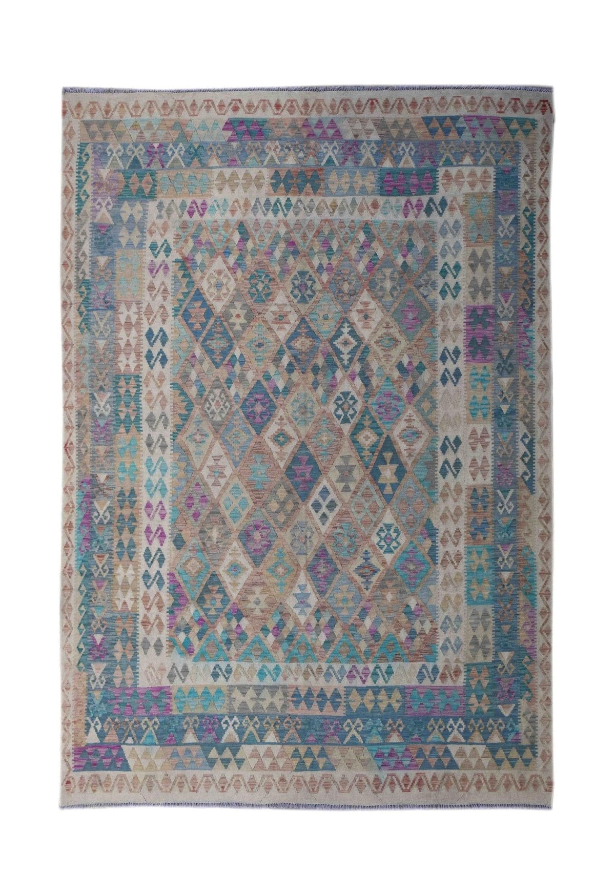 Handmade Afghan Maimana kilim rug featuring a colorful geometric diamond pattern.