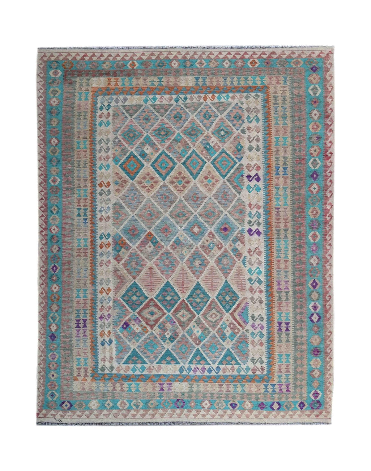 Handmade Afghan Maimana kilim rug featuring a geometric diamond pattern in blue and earthy tones.