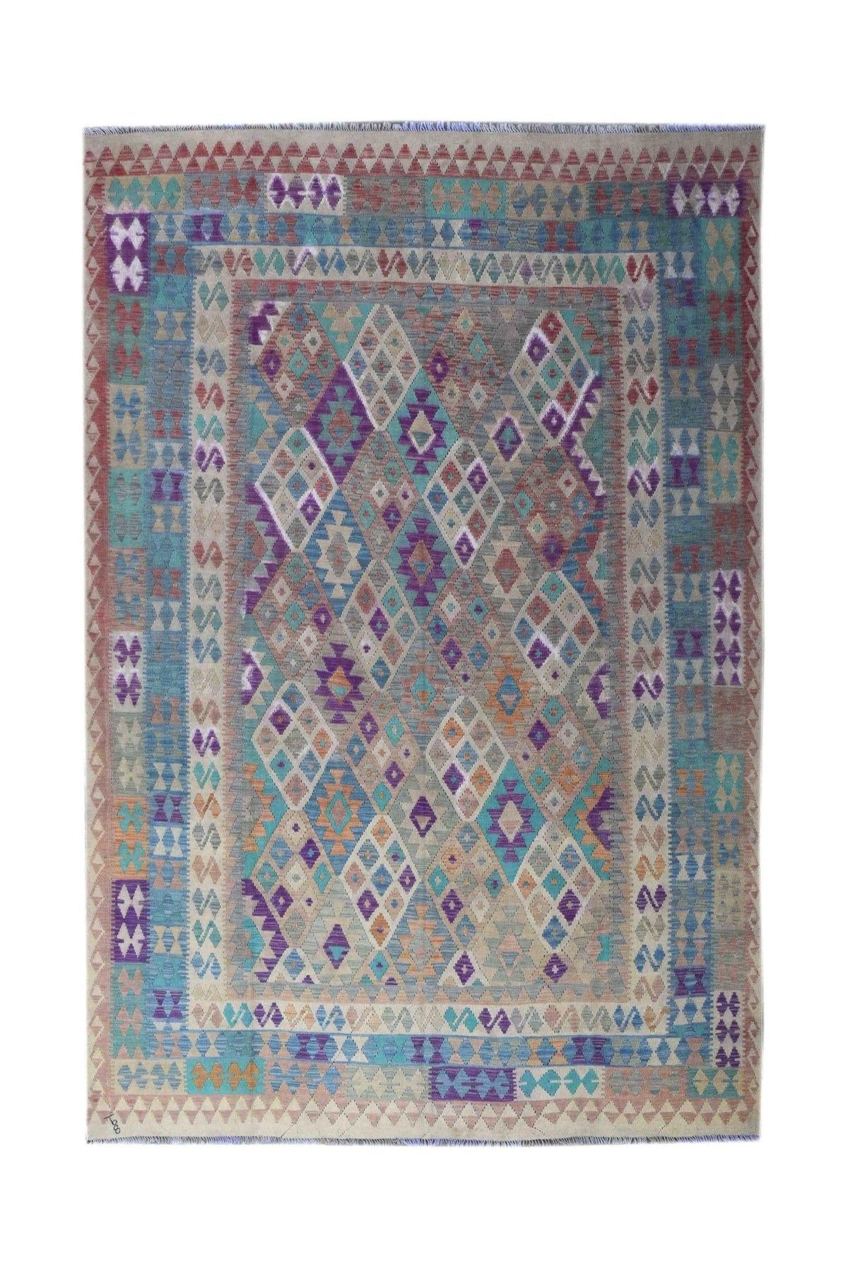 Handmade Afghan Maimana kilim rug featuring a colorful geometric diamond pattern.