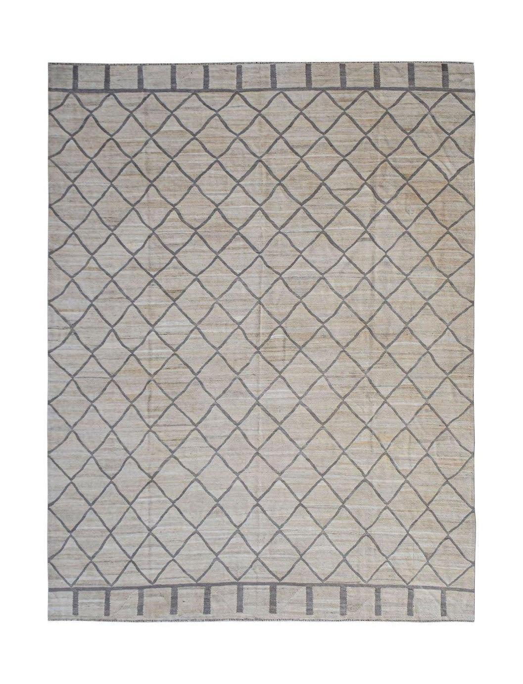 Handwoven Afghan Maimana kilim rug featuring a grey diamond pattern on a neutral wool background.