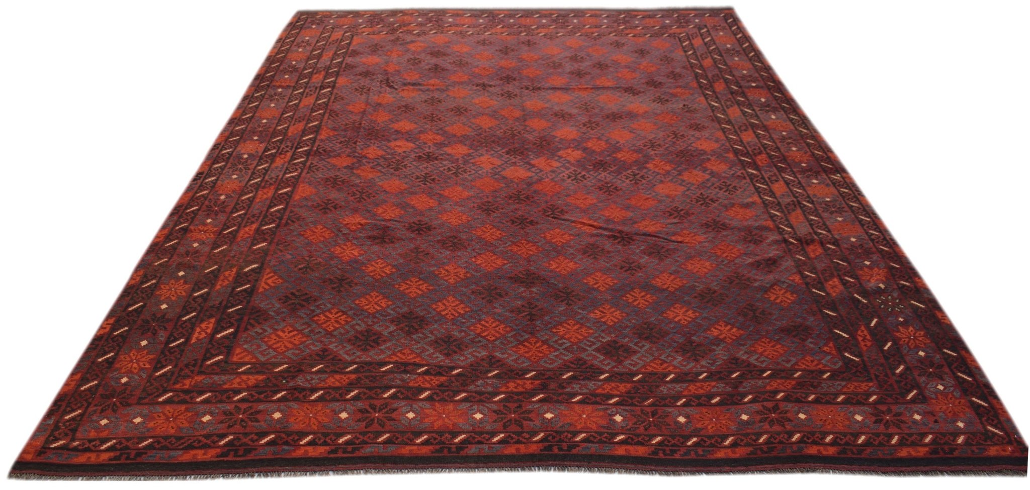 Handwoven Afghan Maimana kilim rug featuring a geometric diamond pattern in shades of red and brown.