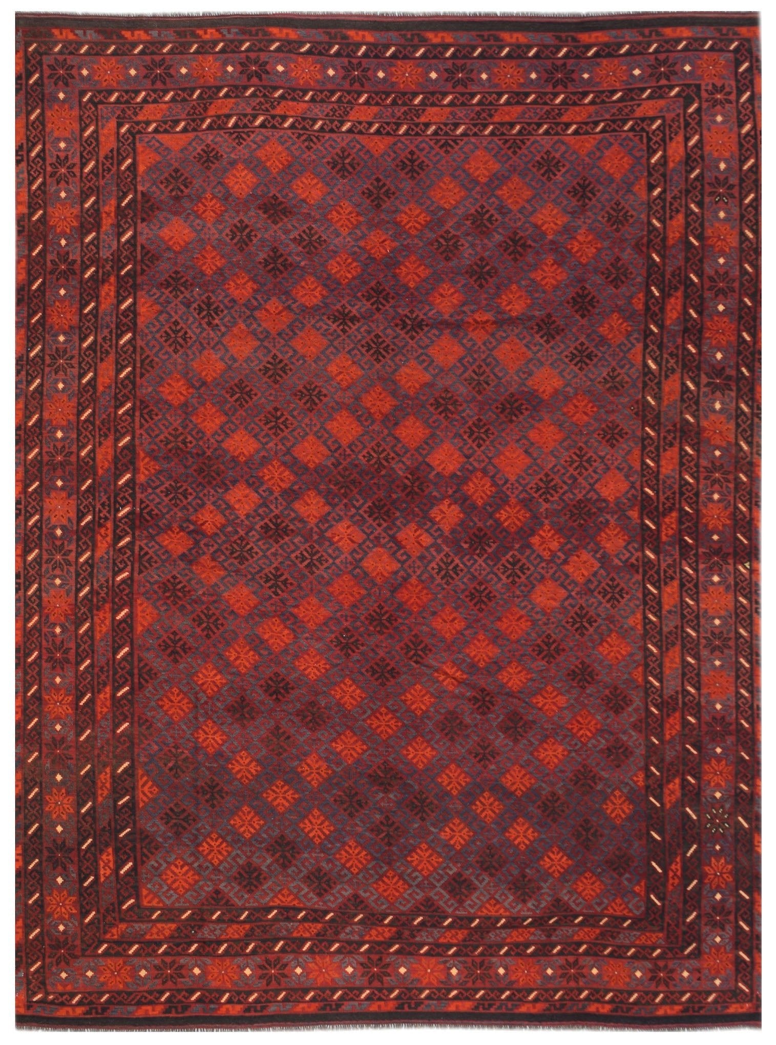 Handmade Afghan Maimana kilim rug featuring a geometric diamond pattern in shades of red and blue.