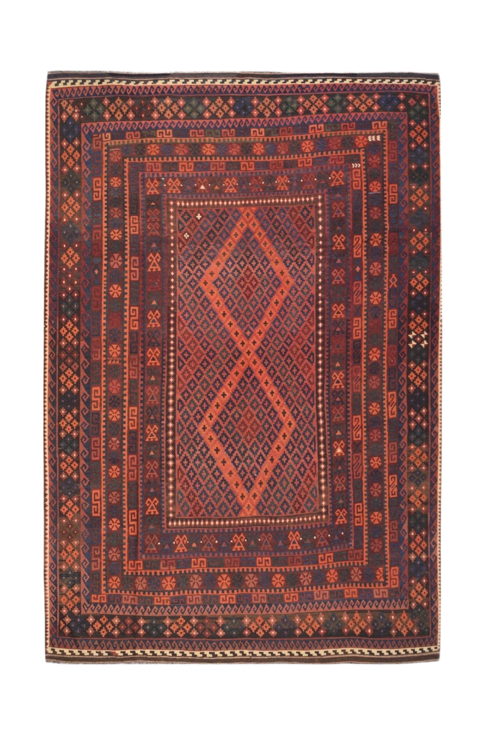Handwoven Afghan Maimana kilim rug featuring a geometric diamond pattern in red and blue tones.