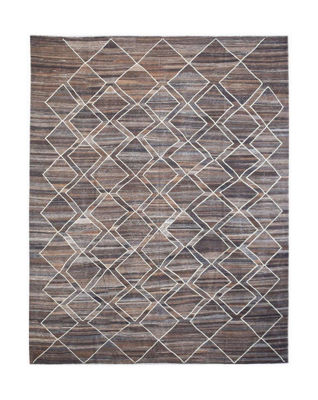 Afghan Maimana Kilim with a geometric diamond pattern in brown and white.