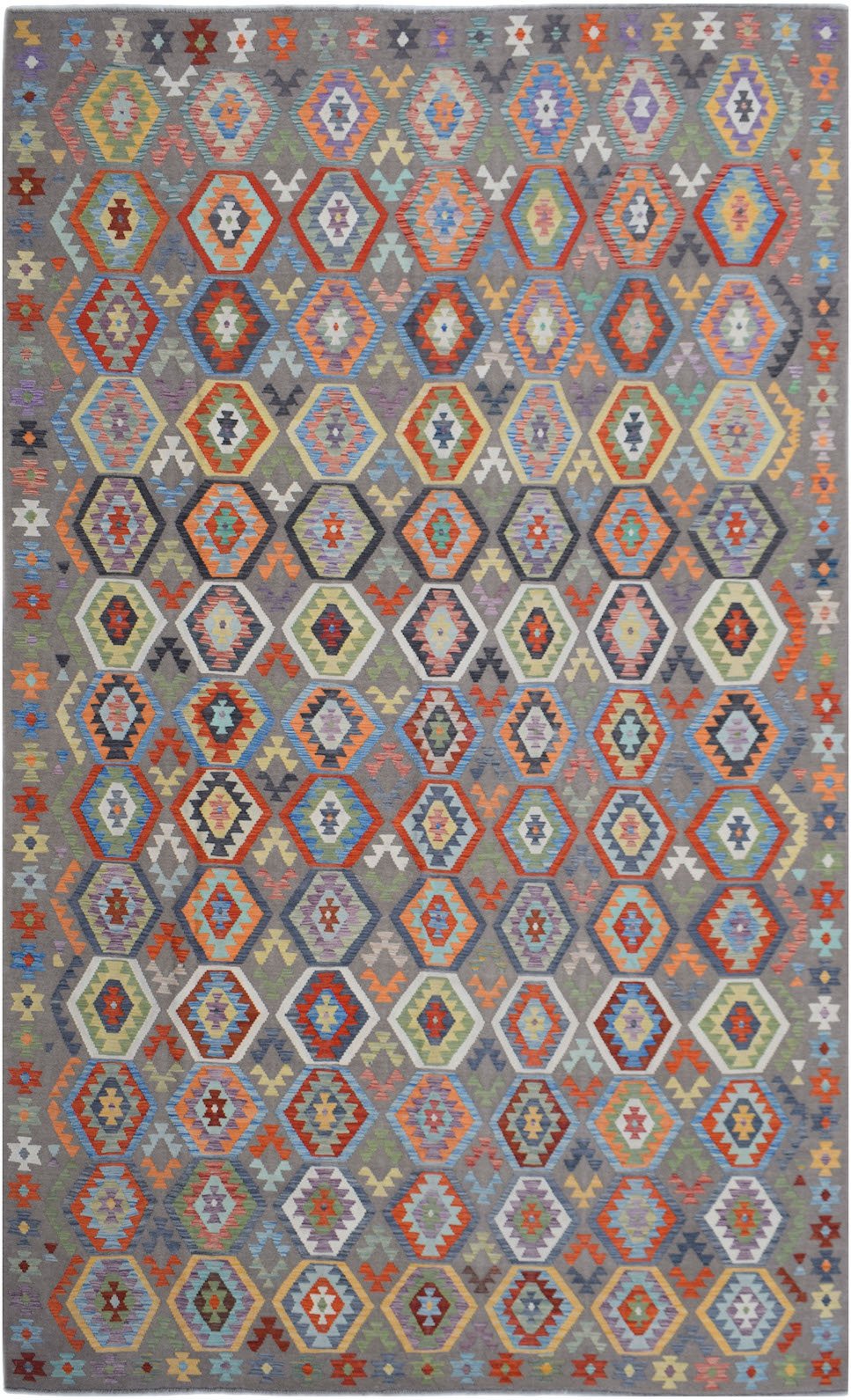 Handwoven Afghan Maimana kilim rug featuring a colorful geometric diamond pattern on a gray base.