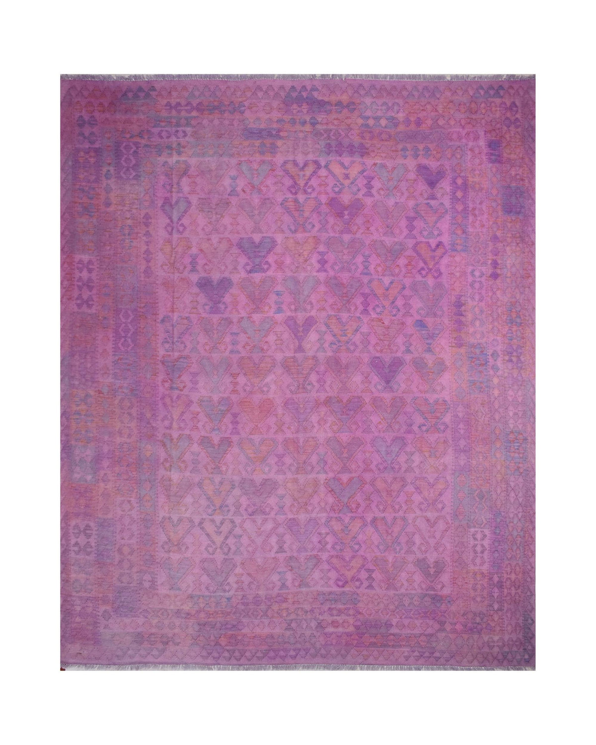 Handmade Afghan Maimana kilim rug featuring an overdyed purple geometric pattern.