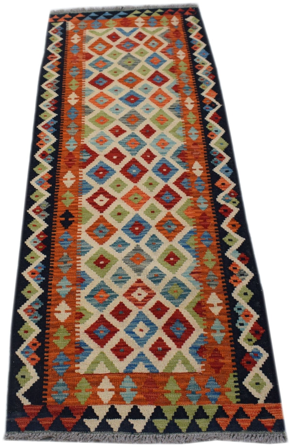 Handwoven Afghan Maimana wool runner featuring a colorful geometric diamond pattern.