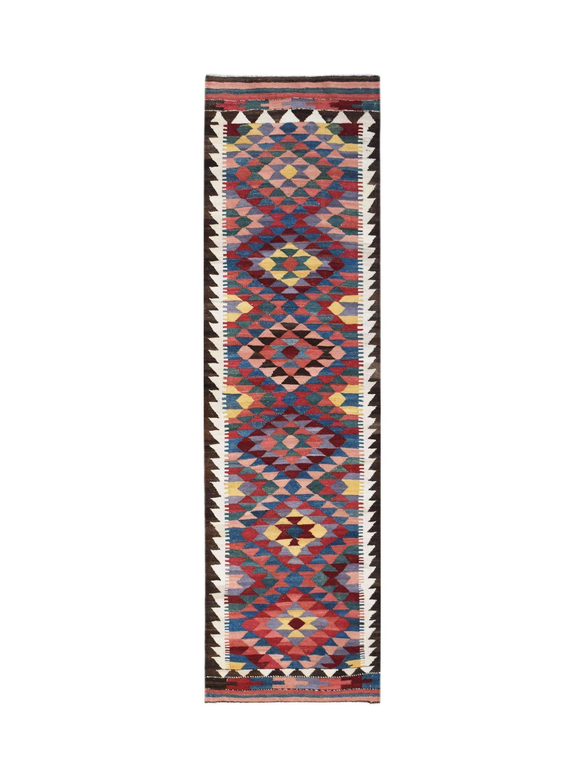 Handwoven Afghan Maimana Kilim runner featuring a vibrant geometric diamond pattern in multi-coloured Ghazni wool.