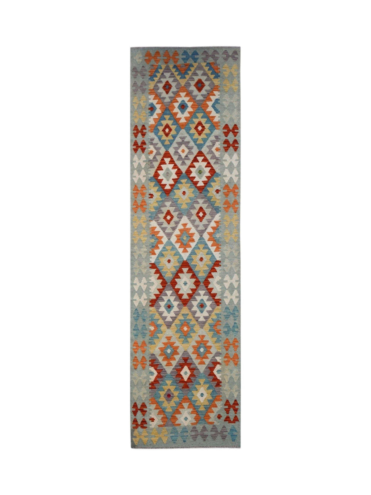 Handwoven Afghan Maimana wool runner rug featuring a colorful geometric diamond pattern.