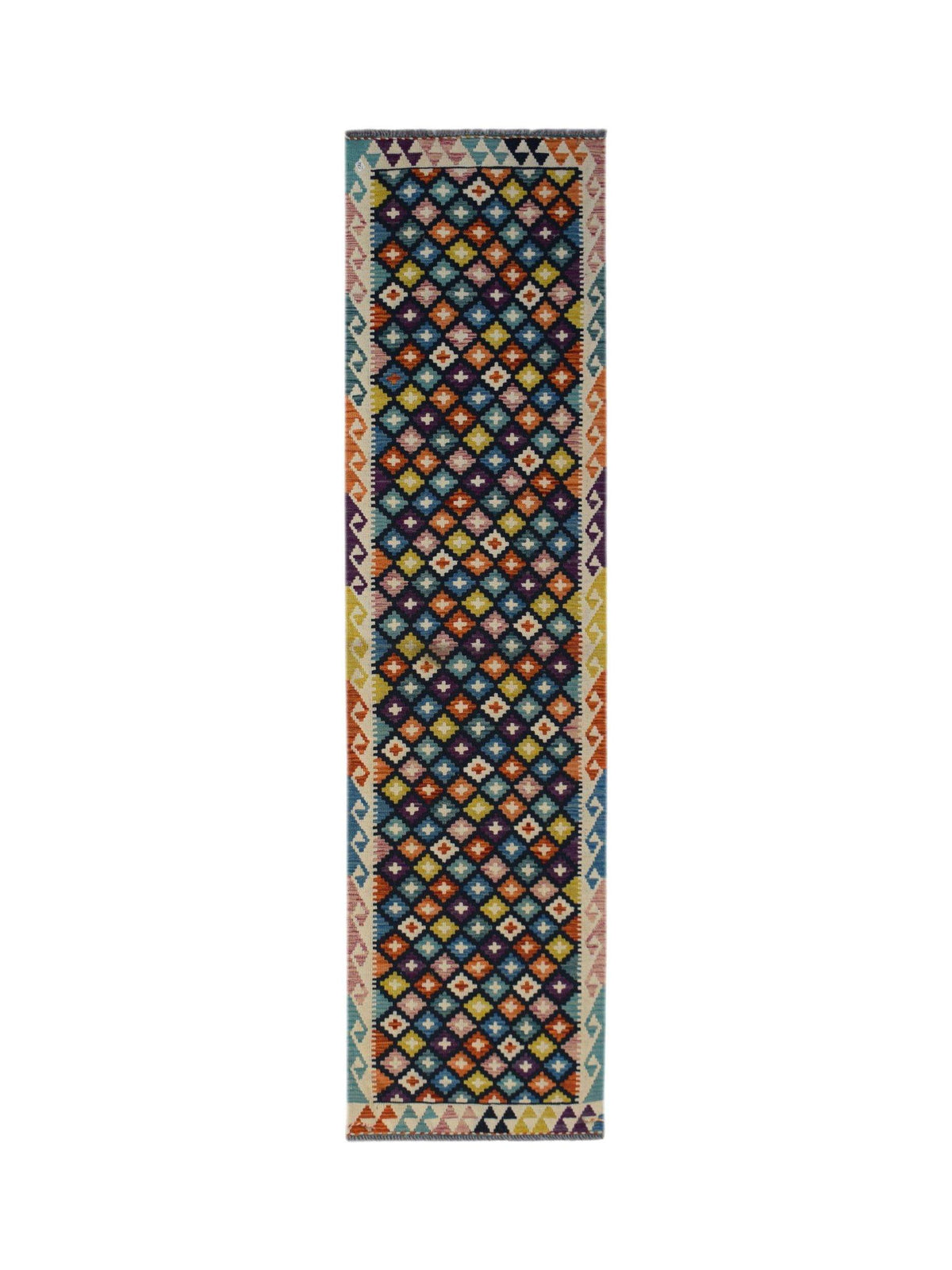 Handwoven Afghan Maimana Kilim runner featuring a vibrant, multi-coloured geometric diamond pattern on a dark wool base.