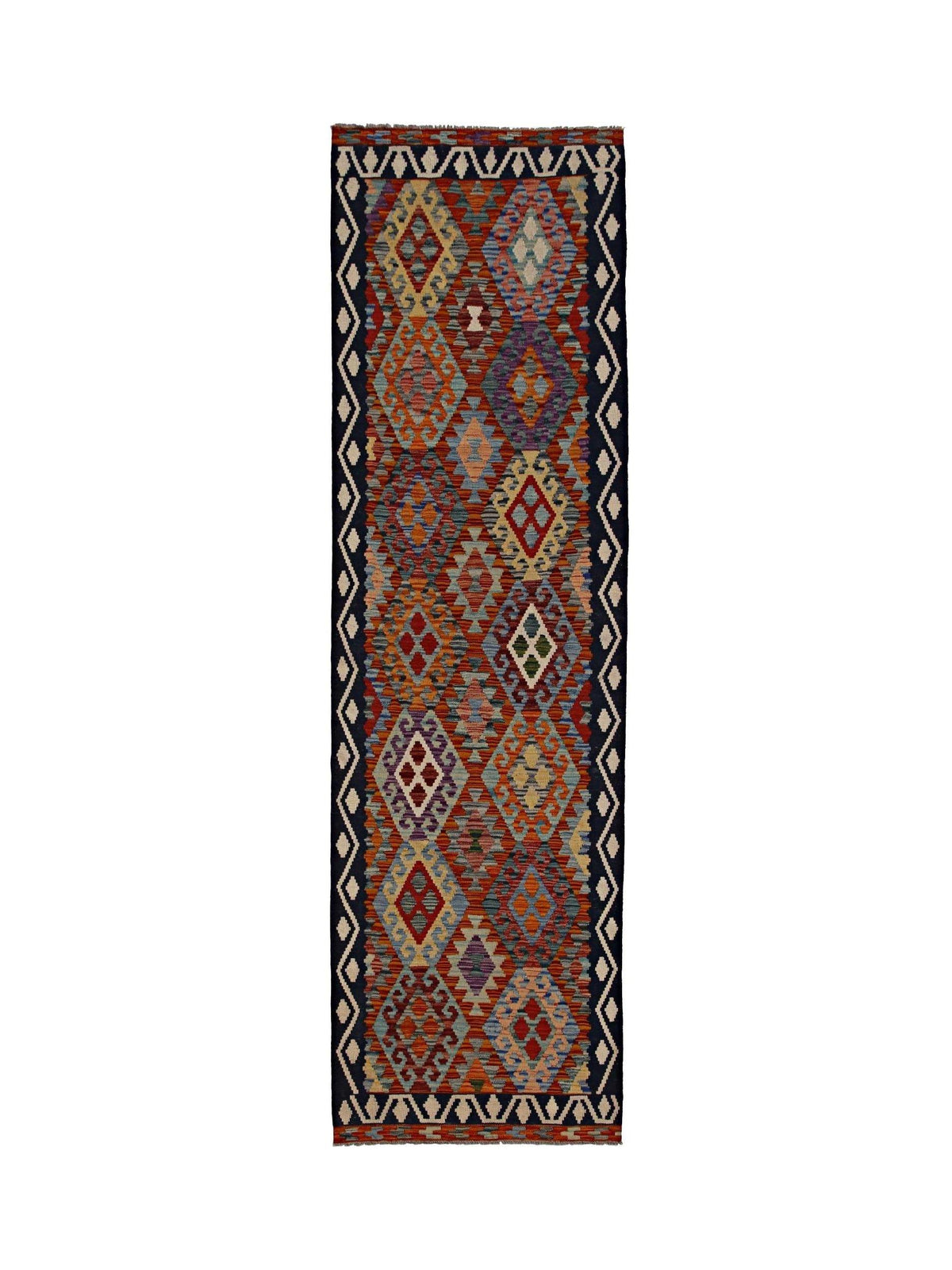 Handwoven Afghan Maimana kilim runner featuring a colourful geometric diamond pattern and dark navy borders.