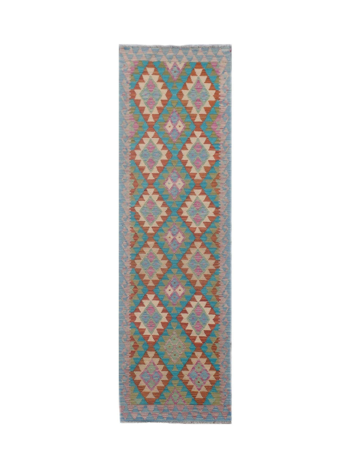 Handwoven Afghan Maimana Kilim runner with a geometric diamond pattern in blue, terracotta, and soft pink Ghazni wool.
