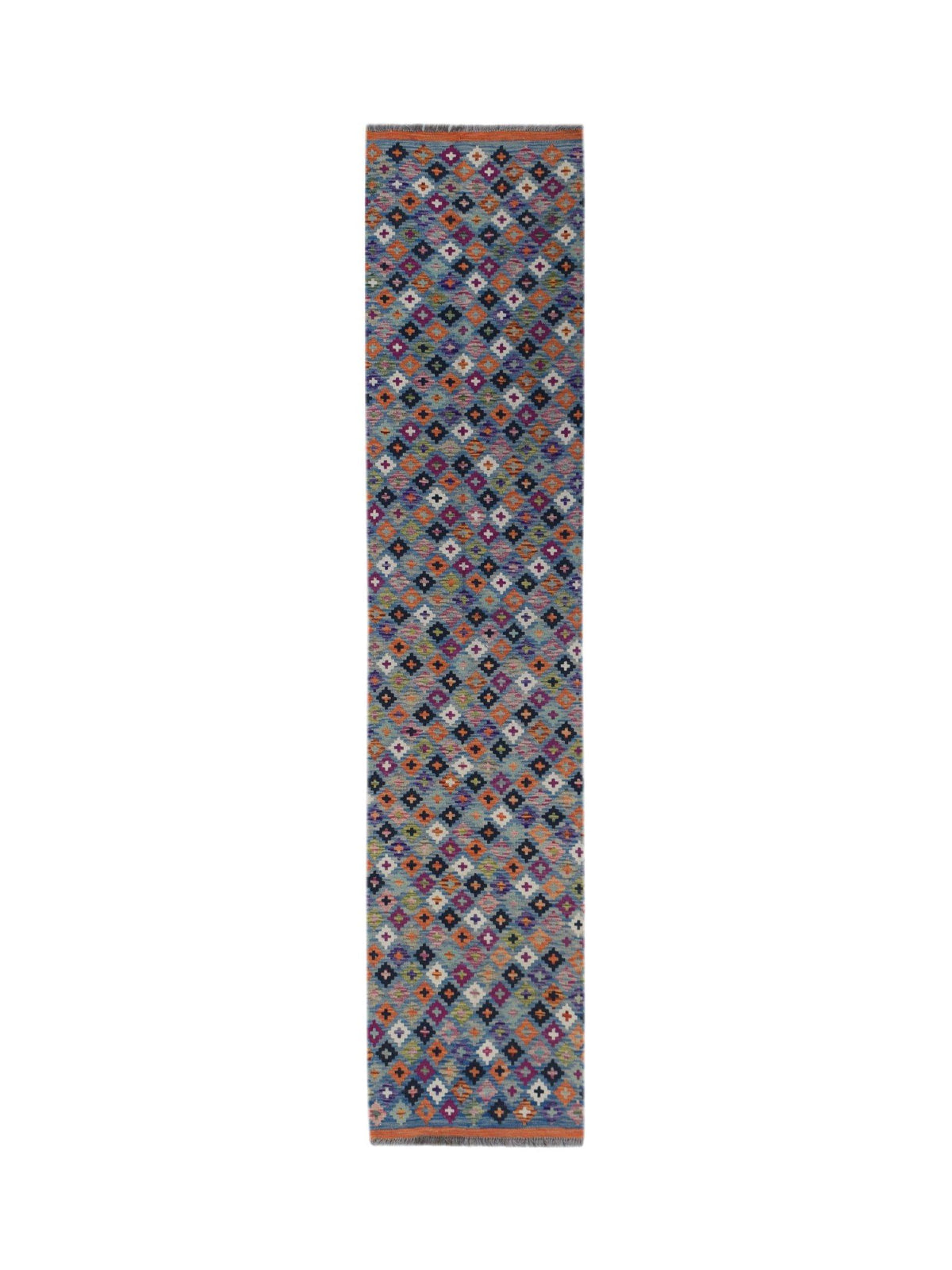 Handwoven Afghan Maimana kilim runner with a blue geometric diamond pattern and fringed ends.