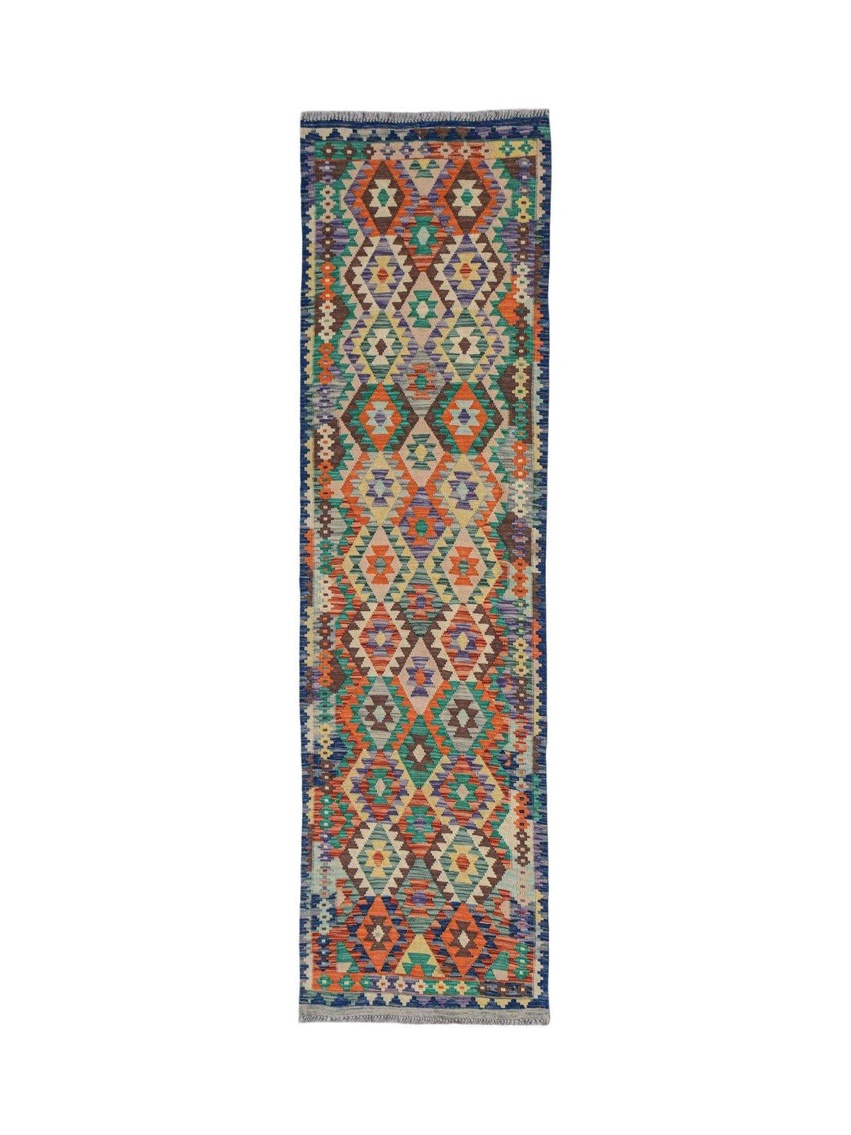 A handmade Afghan Maimana wool runner rug featuring a colorful geometric diamond pattern.