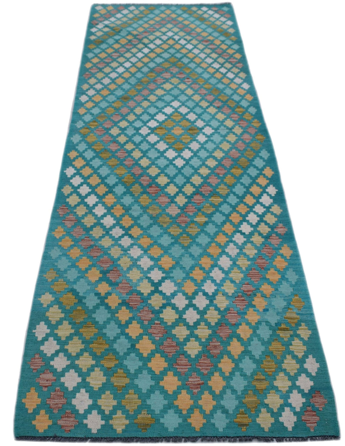 Handwoven Afghan Maimana wool runner featuring a geometric diamond pattern in teal and multi-colors.