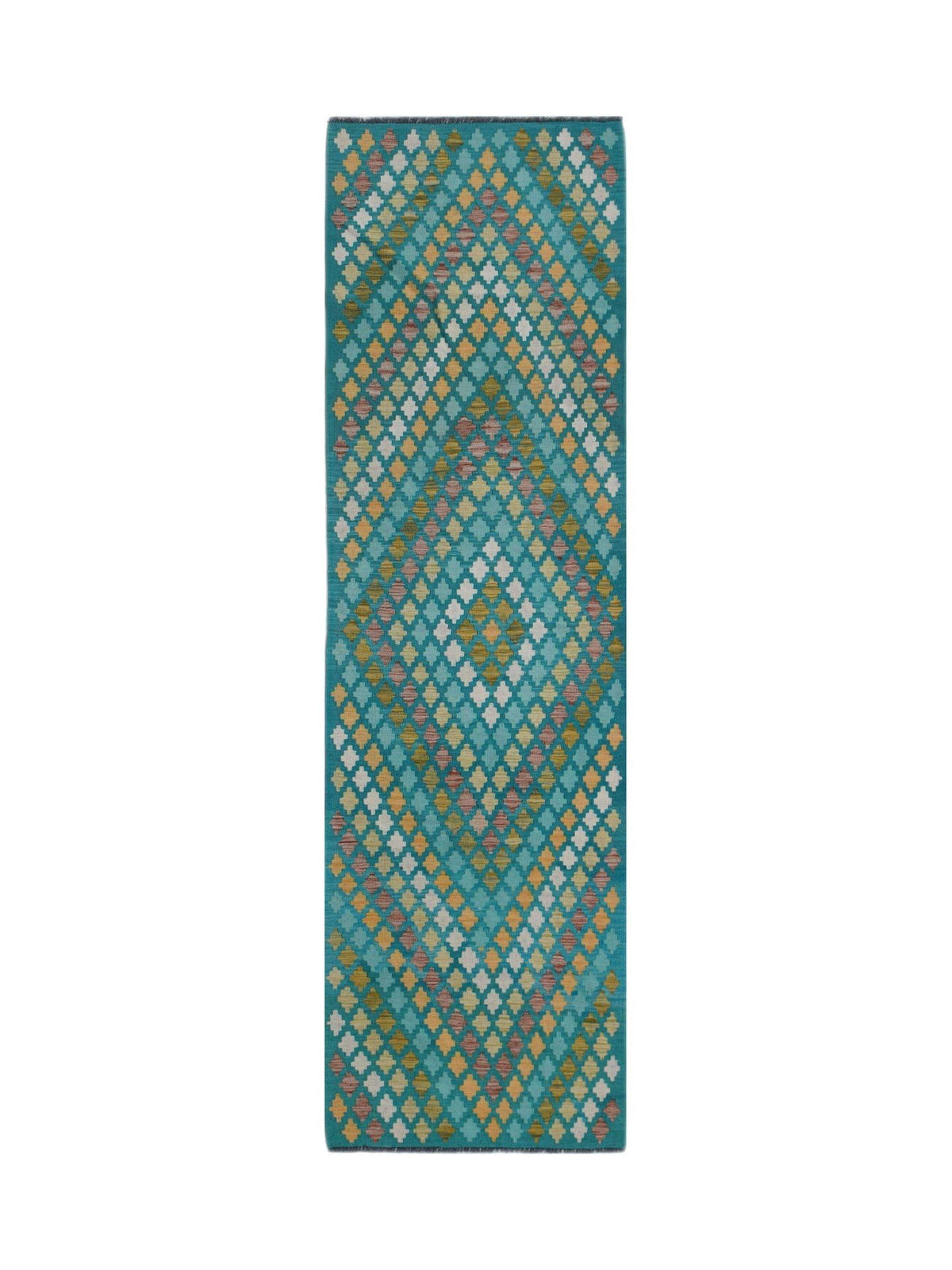Handwoven Afghan Maimana wool runner featuring a geometric diamond pattern in teal and gold tones.