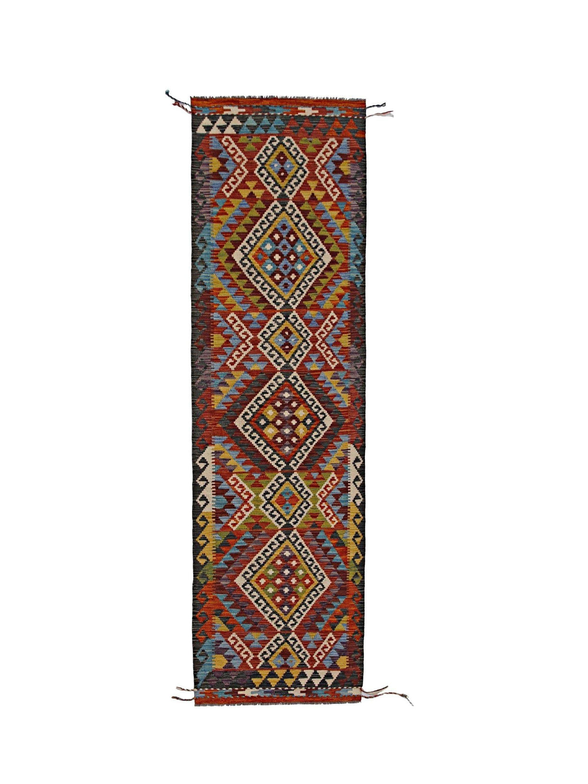 Handwoven Afghan Maimana kilim runner featuring a vibrant geometric diamond pattern in multi-coloured Ghazni wool.