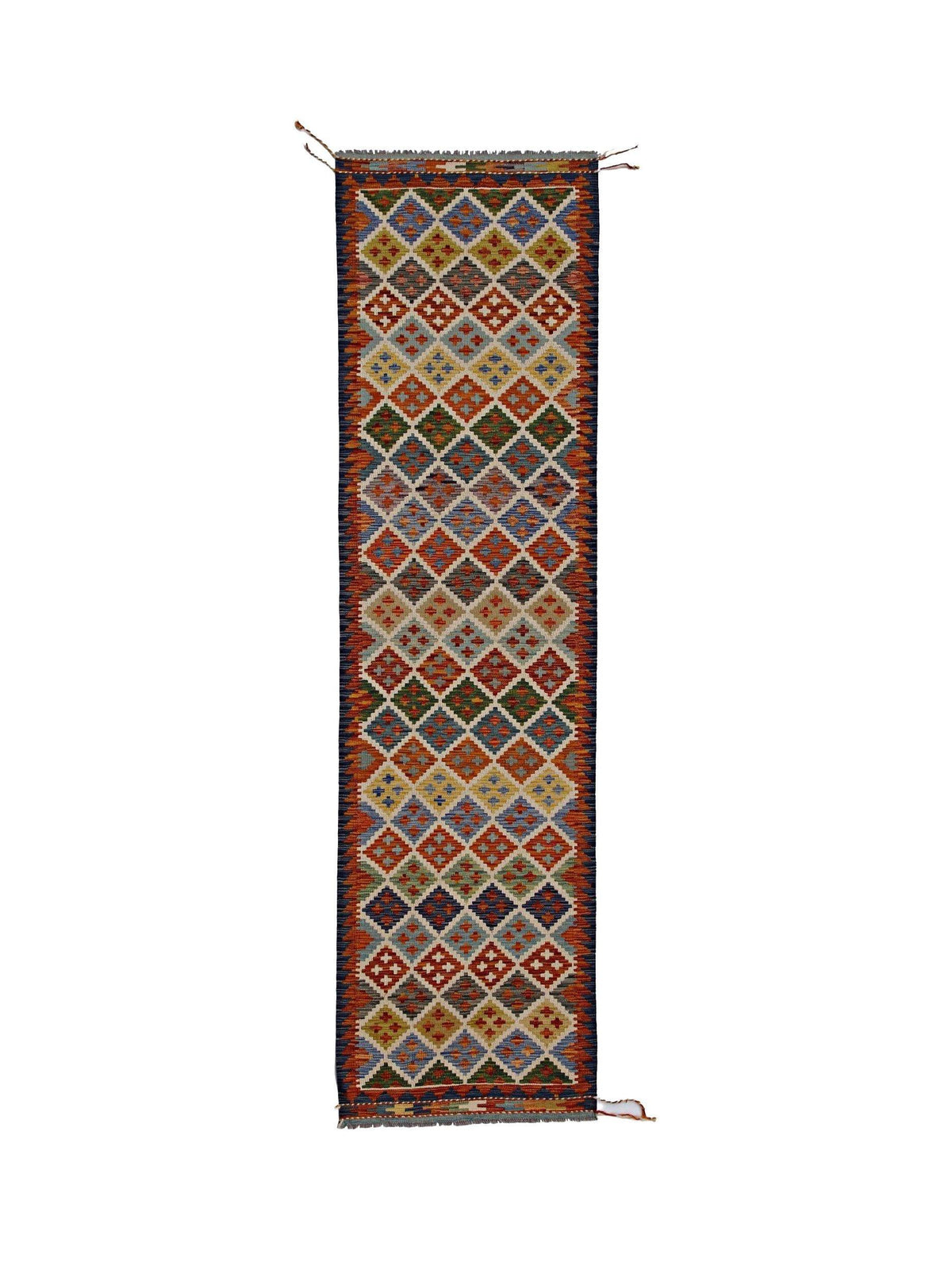 Handwoven Afghan Maimana kilim runner featuring a repeating geometric diamond pattern in vibrant multicoloured Ghazni wool.