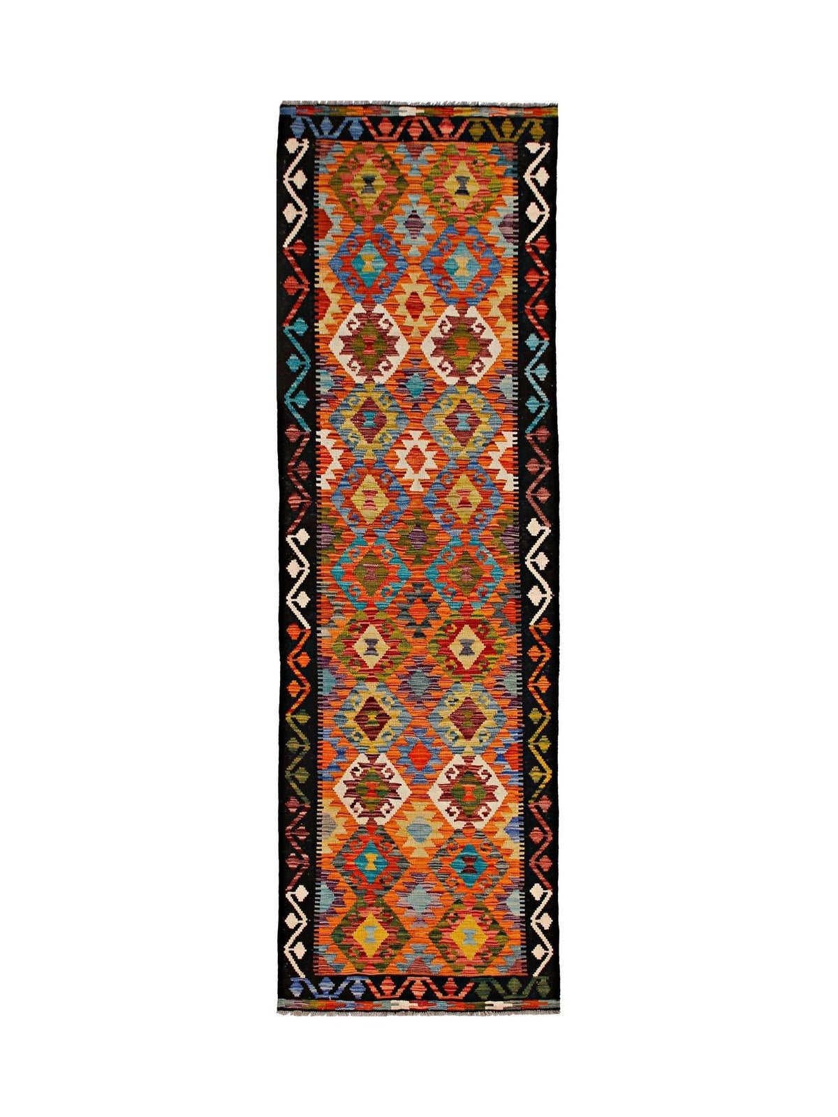 Handwoven Afghan Maimana kilim runner in Ghazni wool featuring a vibrant, multi-coloured geometric pattern on a black border.