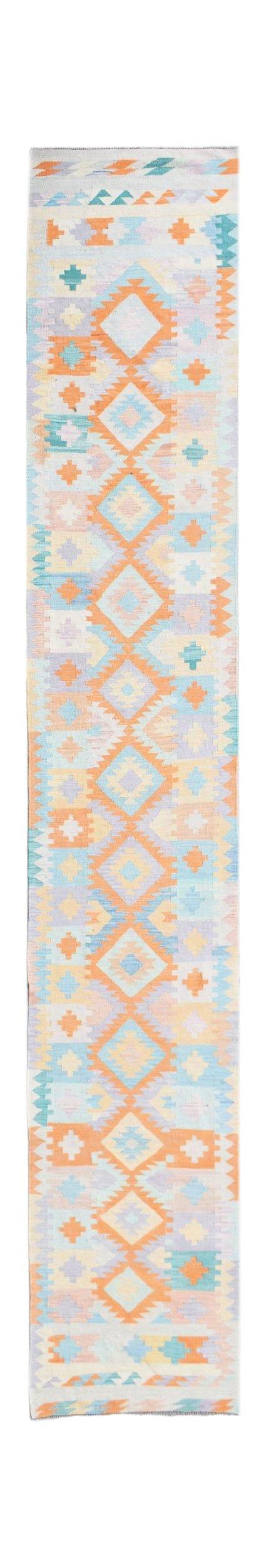 Handwoven Afghan Maimana kilim runner featuring a repeating geometric diamond pattern in pastel orange, blue, and cream.