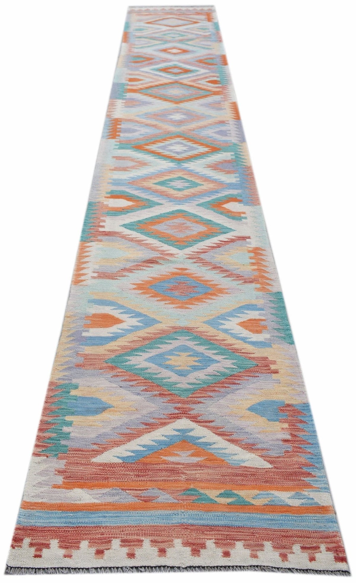 Handwoven Afghan Maimana Kilim runner featuring a repeating geometric diamond pattern in vibrant orange, blue, and cream.
