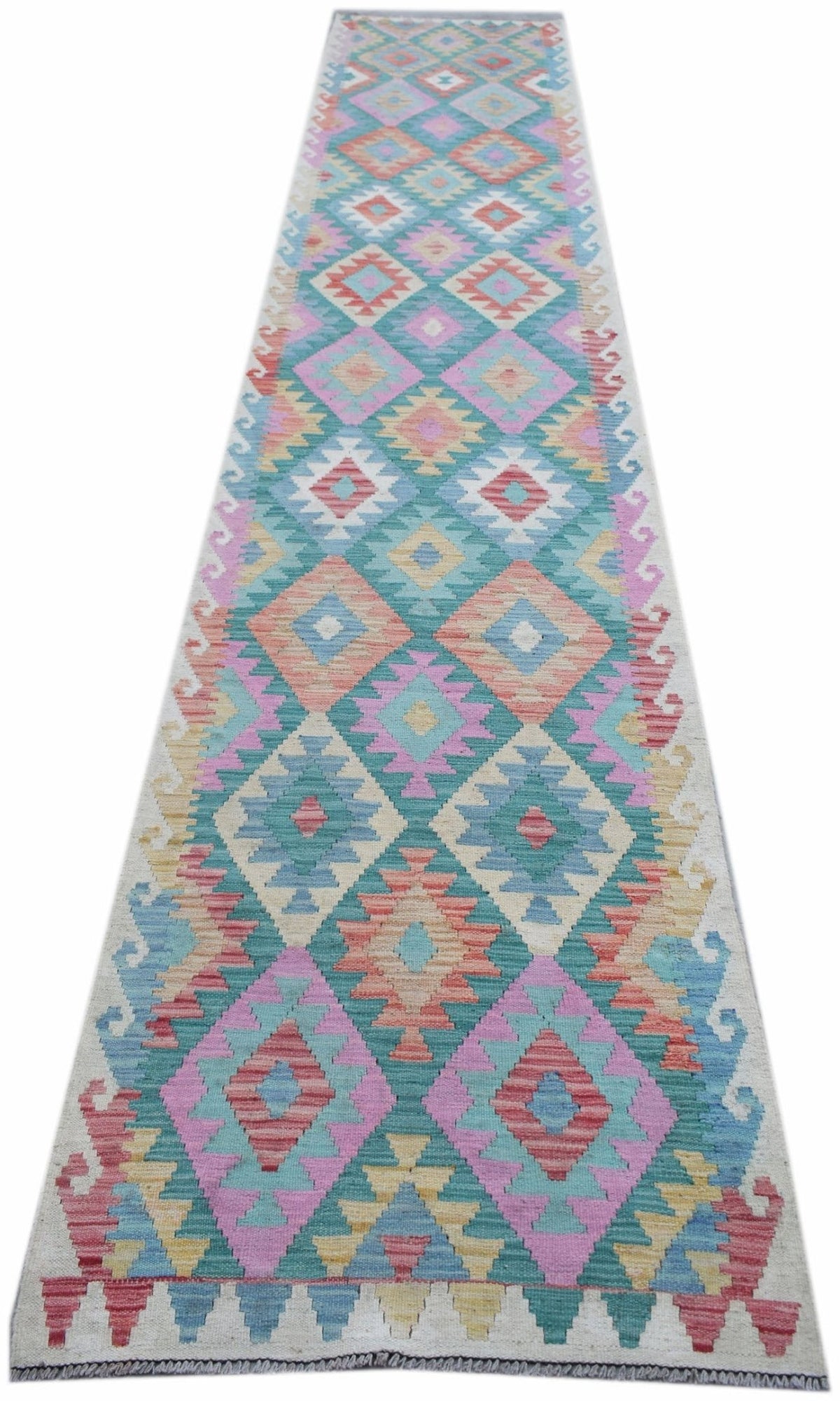 Handwoven Afghan Maimana wool runner featuring a colourful geometric diamond pattern in a flat-weave style.