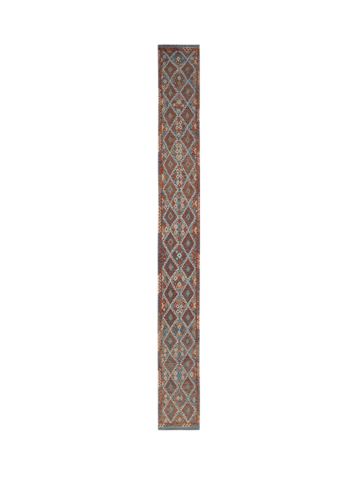 Handwoven Afghan Maimana kilim runner in Ghazni wool featuring a repeating geometric diamond pattern in red and blue.