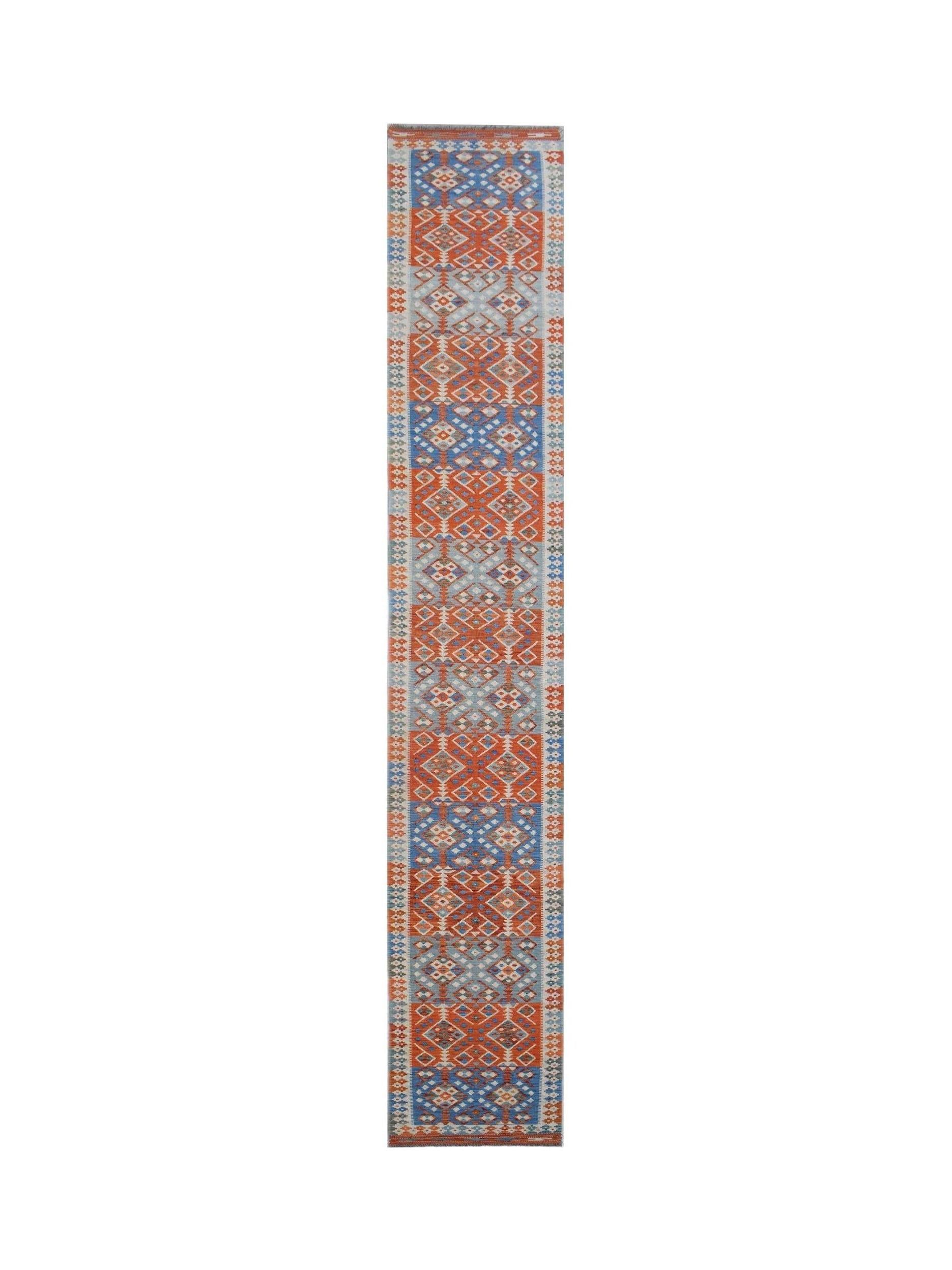 Handwoven Afghan Maimana wool runner featuring a geometric pattern in orange and blue tones.