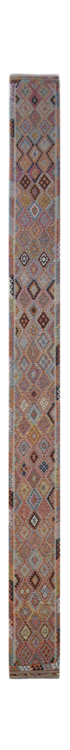 Handwoven Afghan Maimana wool runner rug featuring a colorful geometric diamond pattern.