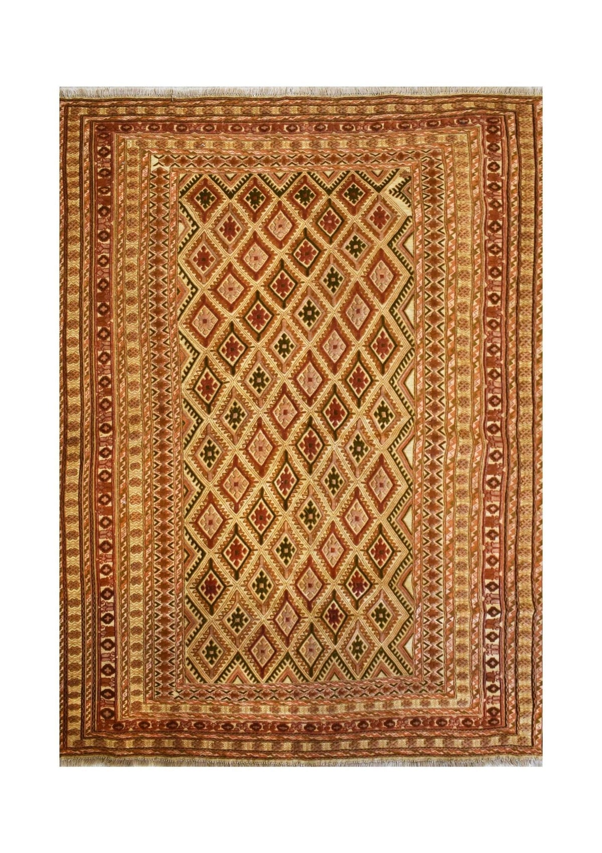 Handmade Afghan Mashwani wool rug featuring a geometric diamond pattern in warm earth tones.