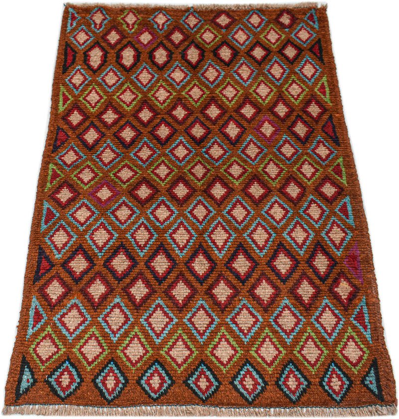 Handmade Afghan Pashm rug featuring a repeating diamond pattern in earthy tones and vibrant colors.