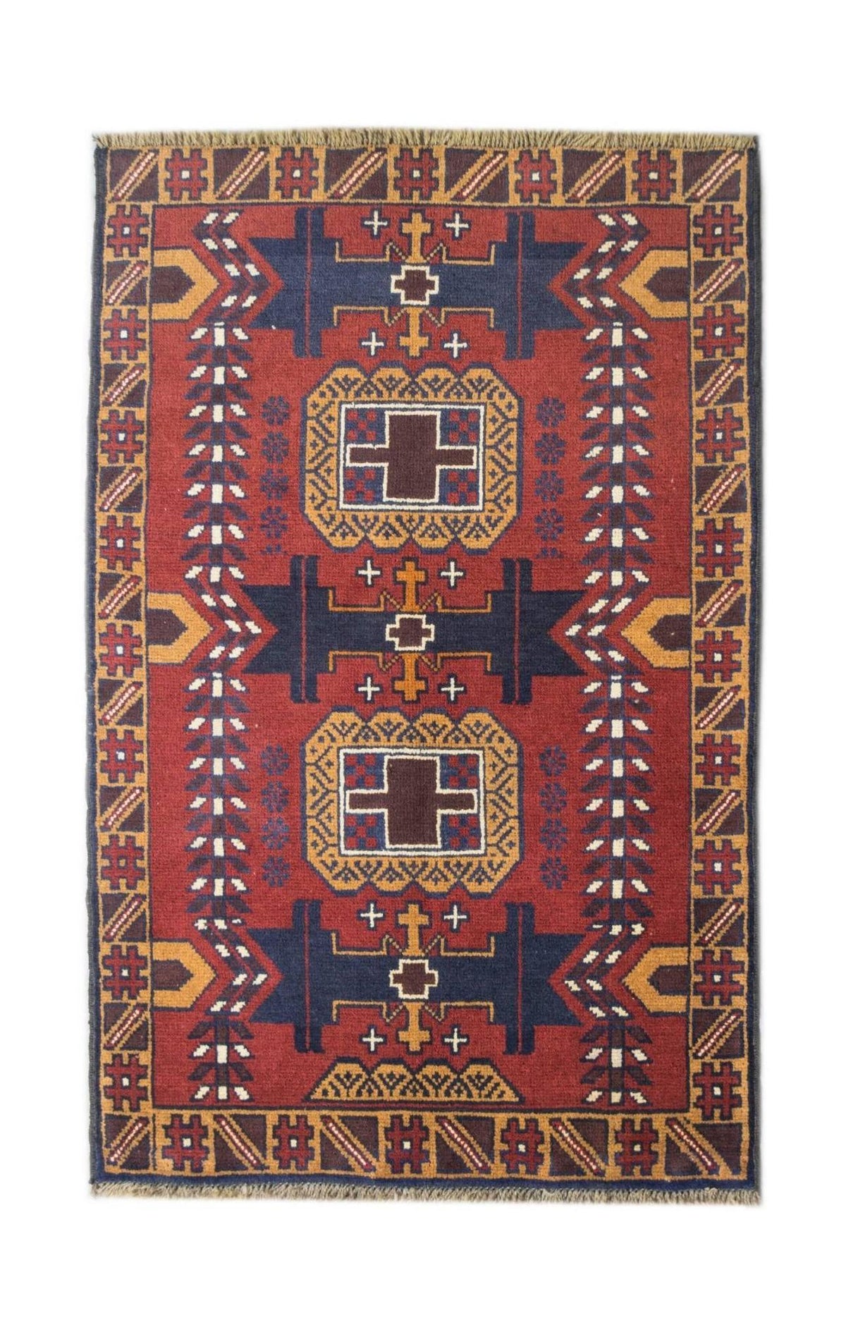 Handmade Afghan Pashm rug featuring geometric cross motifs in red, blue, and brown wool.