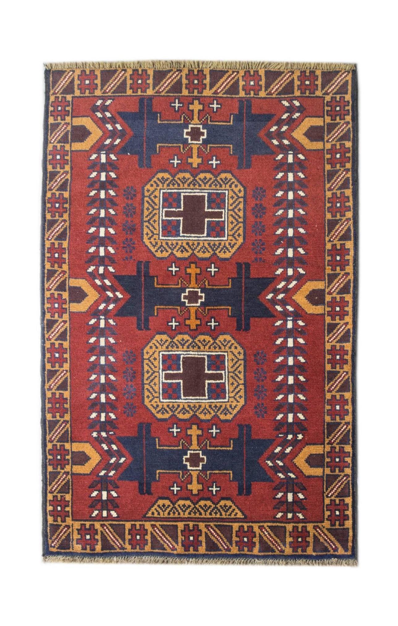 Handmade Afghan Pashm rug featuring geometric cross motifs in red, blue, and brown wool.
