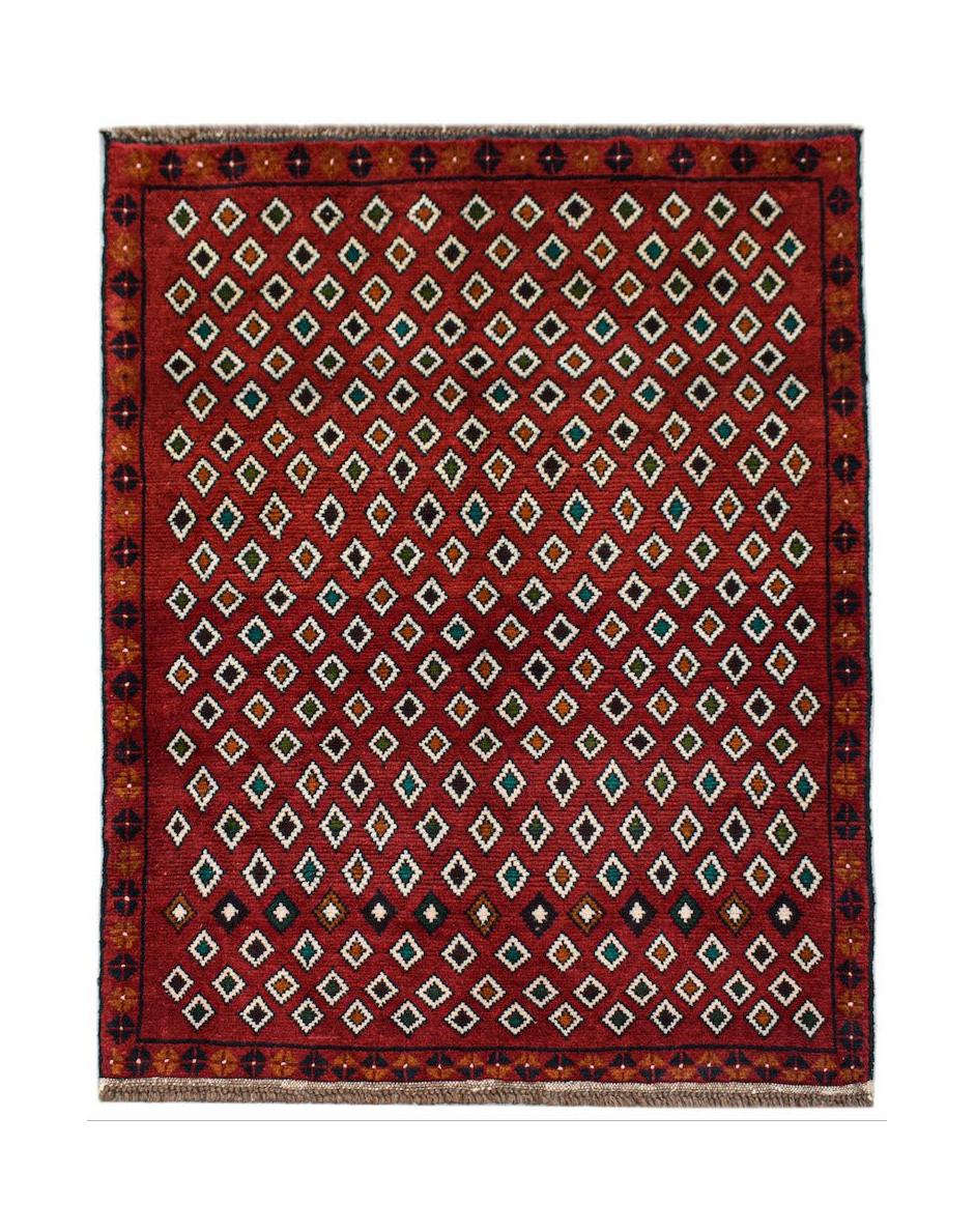 Handmade Afghan Pashm rug featuring a repeating diamond pattern in red, blue, and ivory wool.
