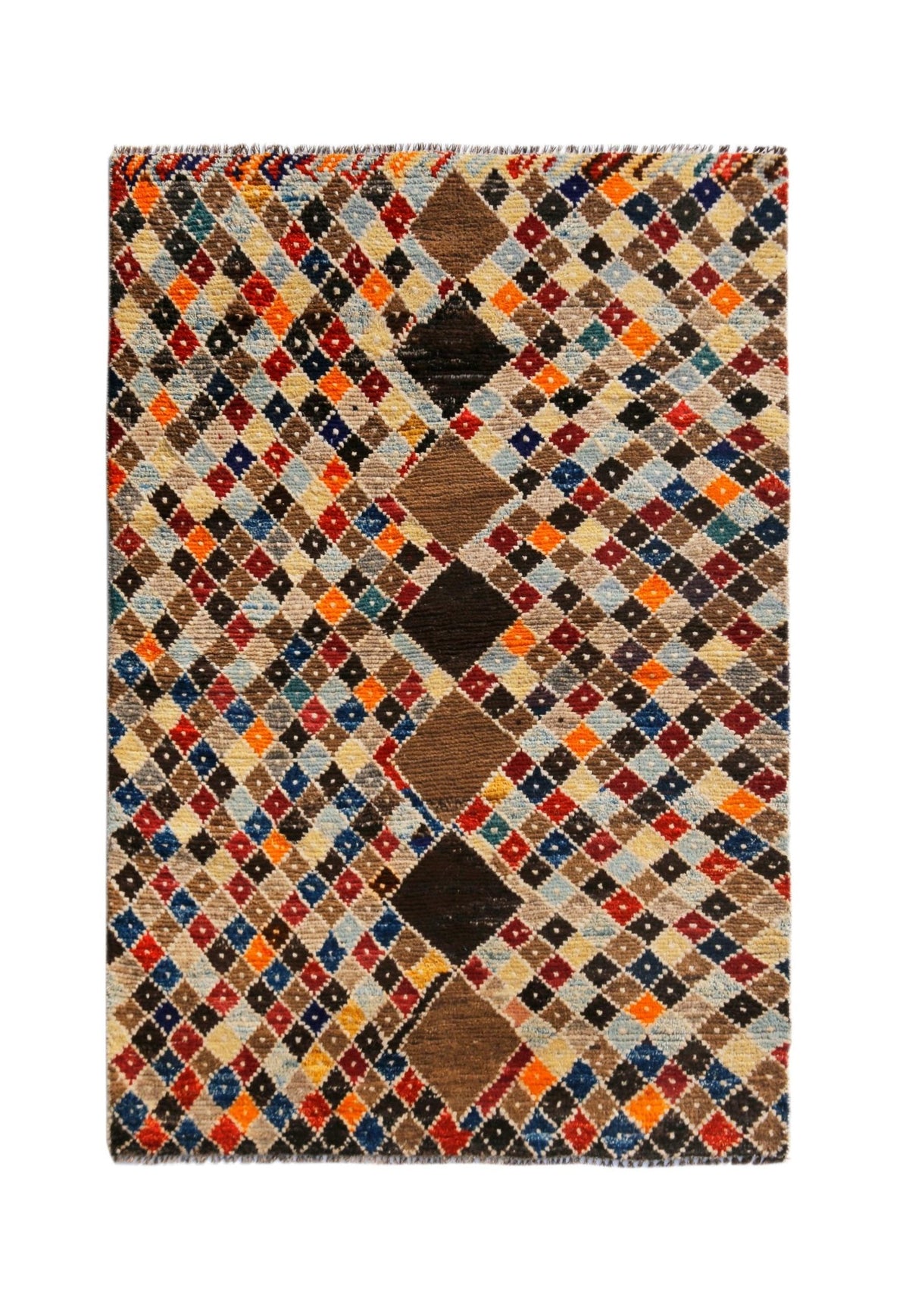 Hand-knotted Afghan Pashm wool rug featuring a dense, multi-coloured geometric diamond pattern with a fringed edge.