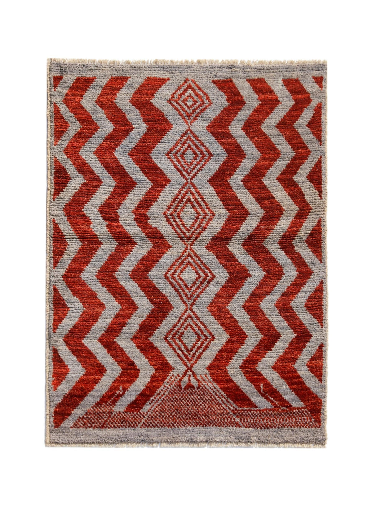 Hand-knotted Afghan Pashm wool rug featuring a bold red and grey geometric chevron pattern with a central diamond motif.