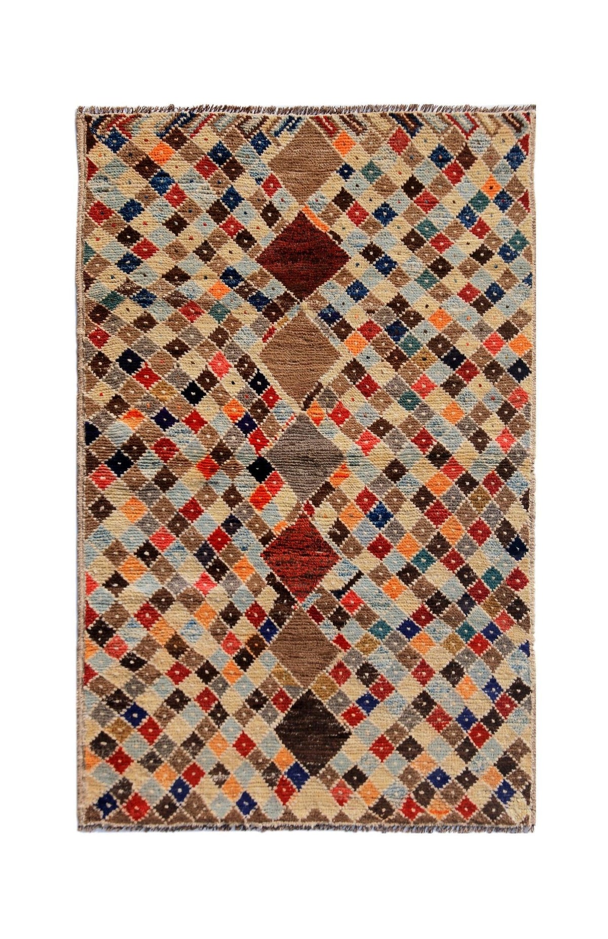 Hand-knotted Afghan Pashm wool rug featuring a dense, shaggy pile and a vibrant geometric diamond pattern in multicolour.