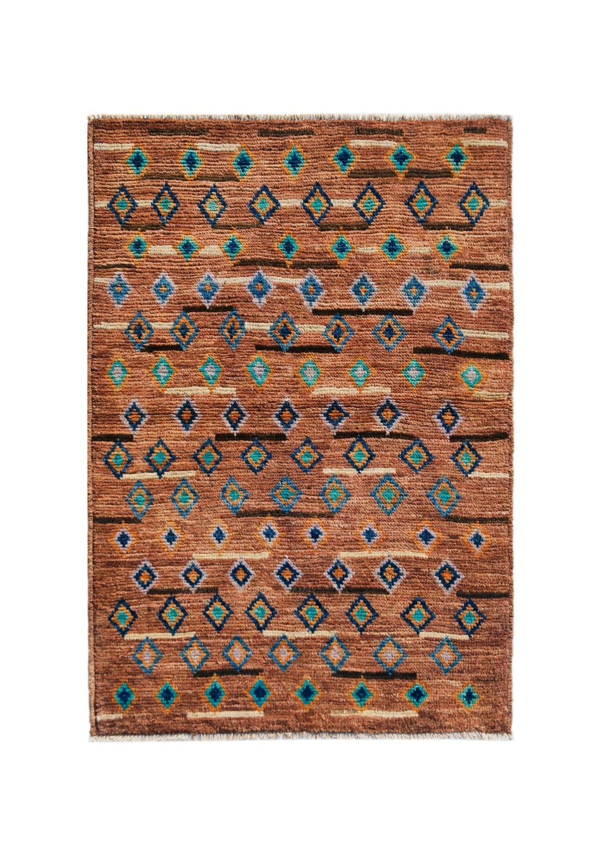 Hand-knotted Afghan Pashm wool rug with a shaggy texture, featuring geometric diamond patterns in blue and teal on a brown field.