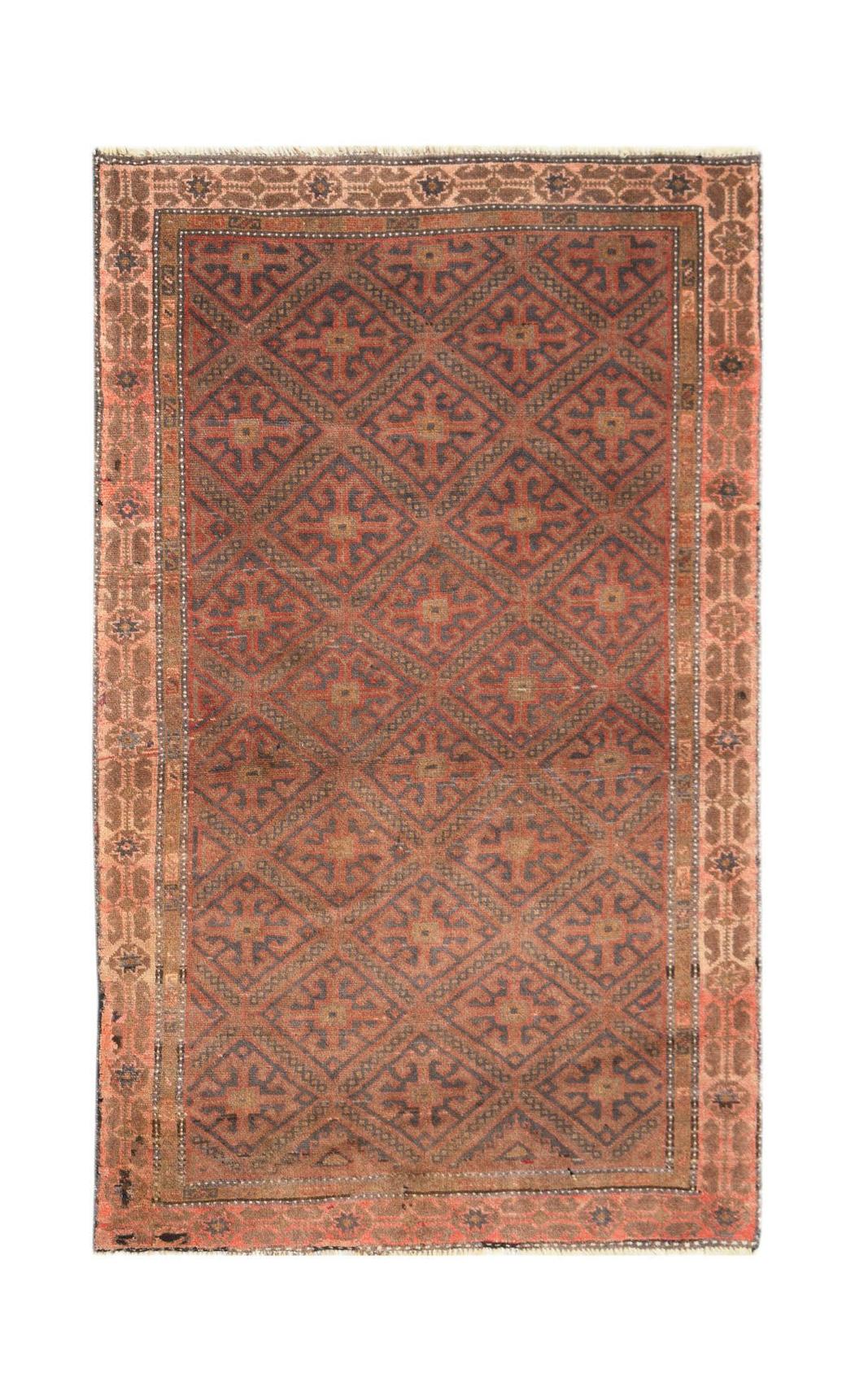 Handmade Afghan Pashm rug featuring a repeating geometric diamond pattern in red and brown tones.