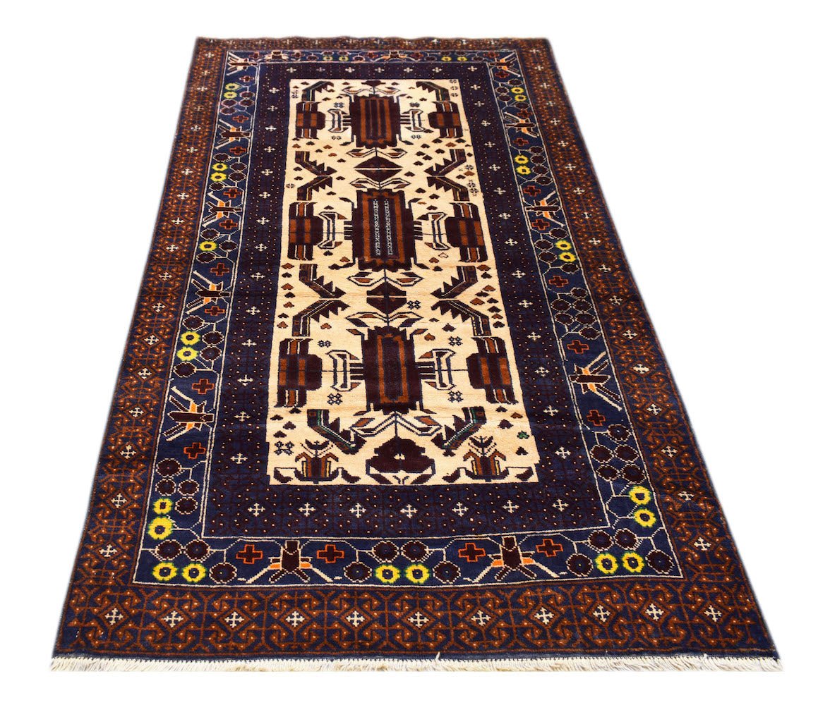 Handmade Afghan Pashm rug featuring a geometric tribal pattern in ivory, brown, and deep blue.