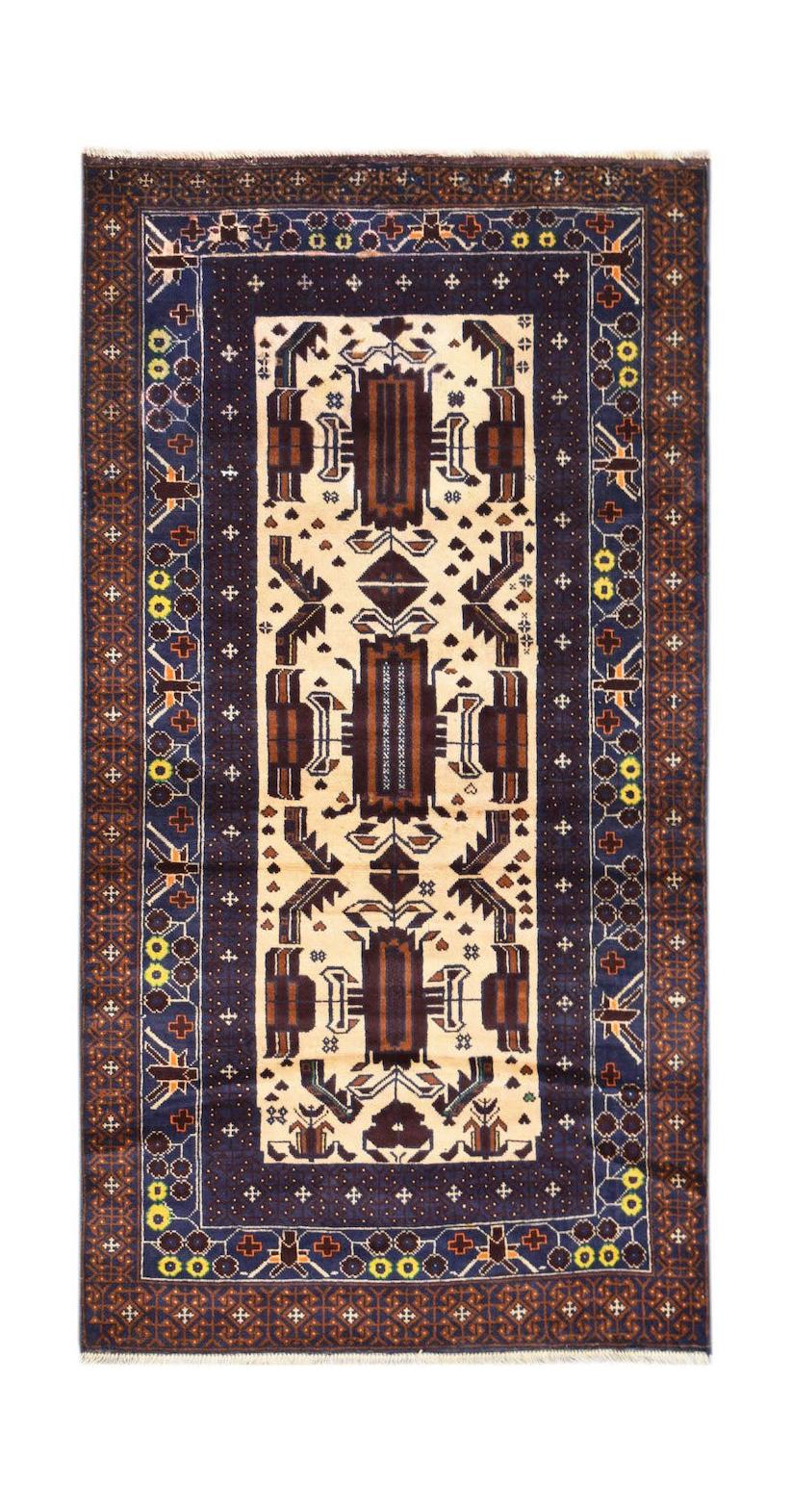 Handmade Afghan Pashm rug featuring a geometric tribal pattern in ivory, brown, and dark blue.