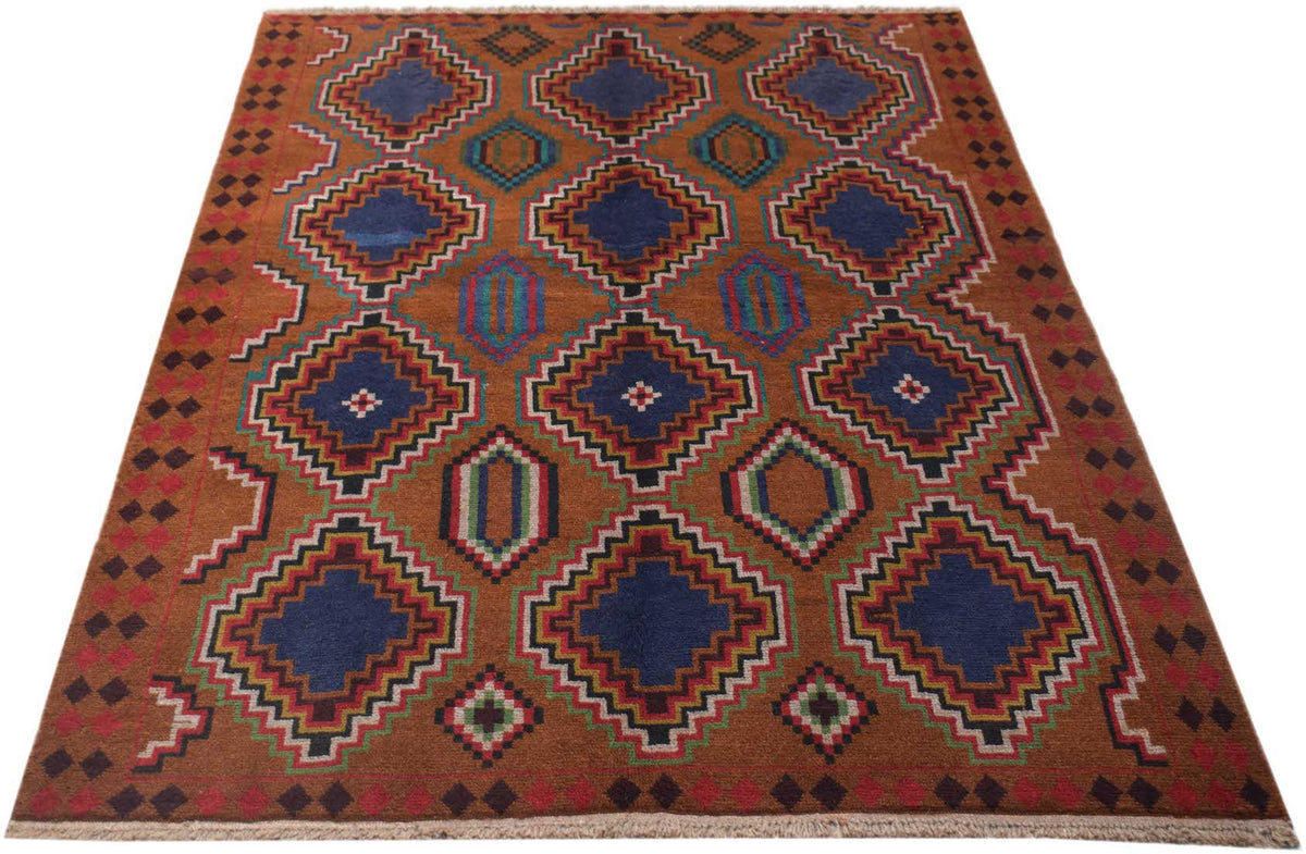 Handmade Afghan Pashm rug featuring a geometric pattern of blue diamonds on a brown background.