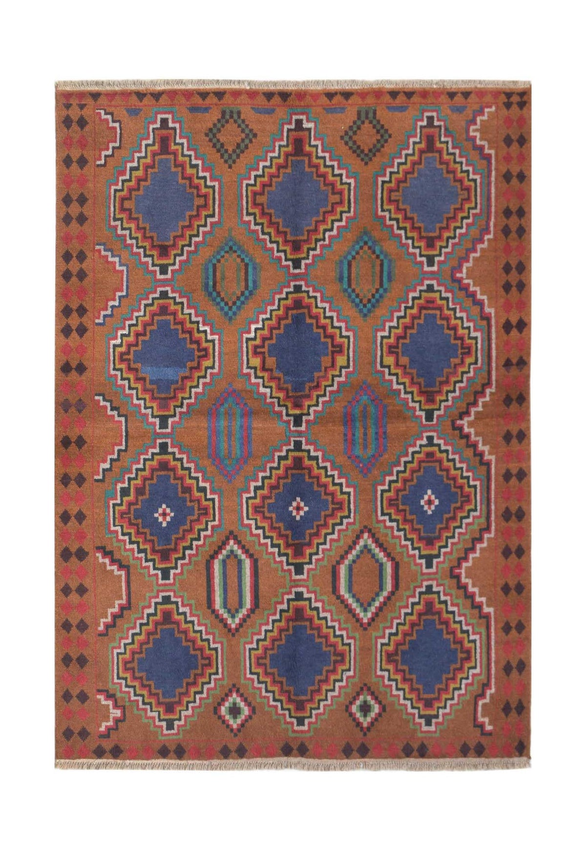 Handmade Afghan Pashm rug featuring a geometric diamond pattern in blue, brown, and red tones.