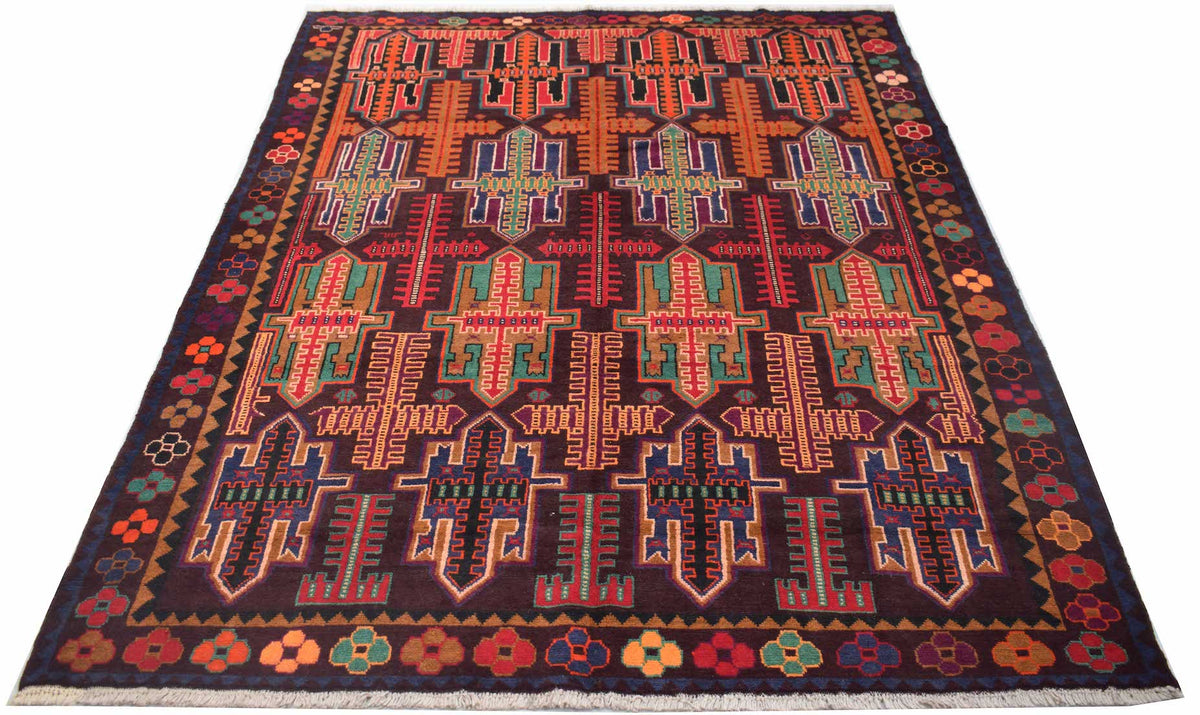 Handmade Afghan Pashm rug featuring a dark field with repeating geometric tribal motifs.