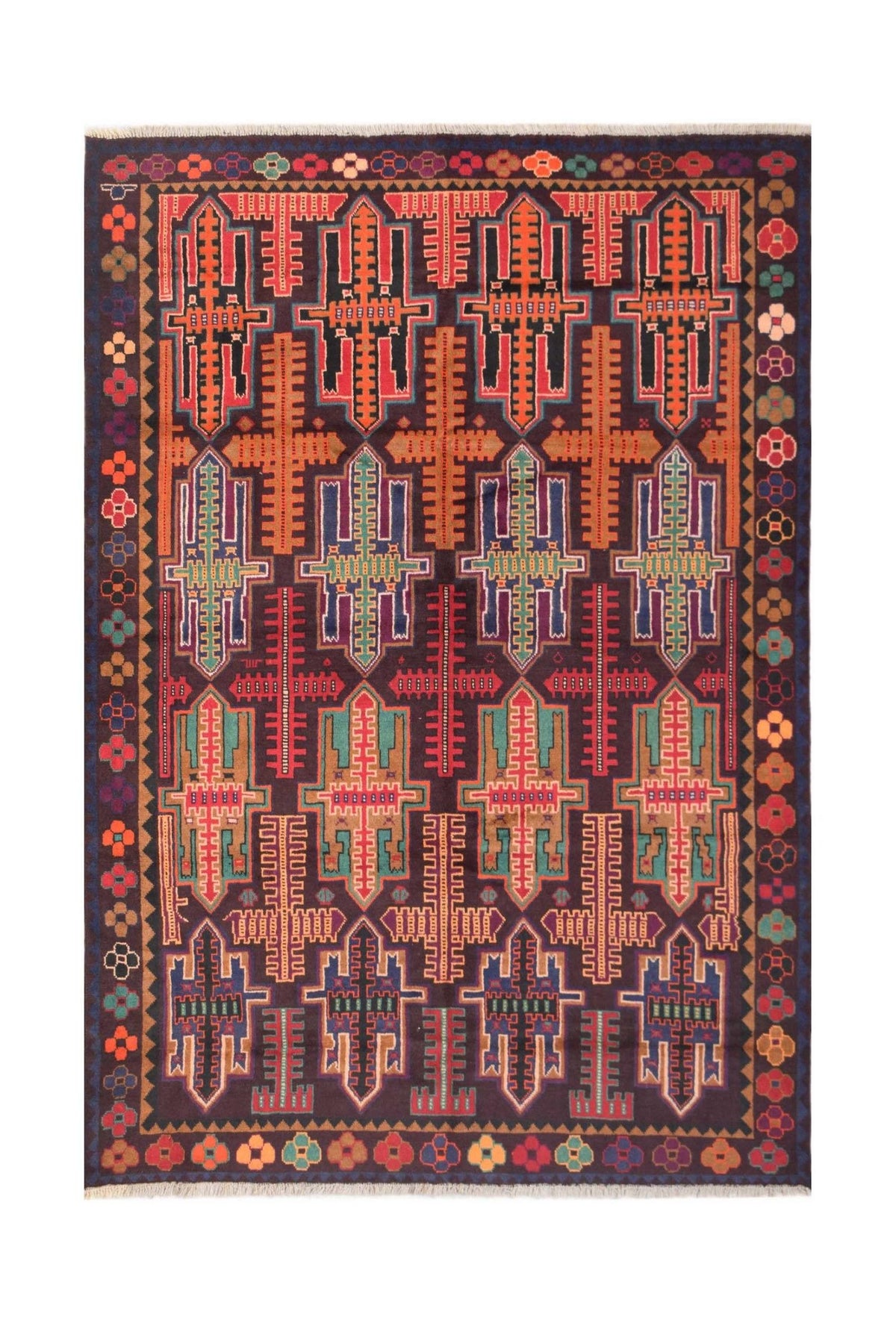Handmade Afghan Pashm rug featuring a dark field with geometric tribal motifs in vibrant colors.