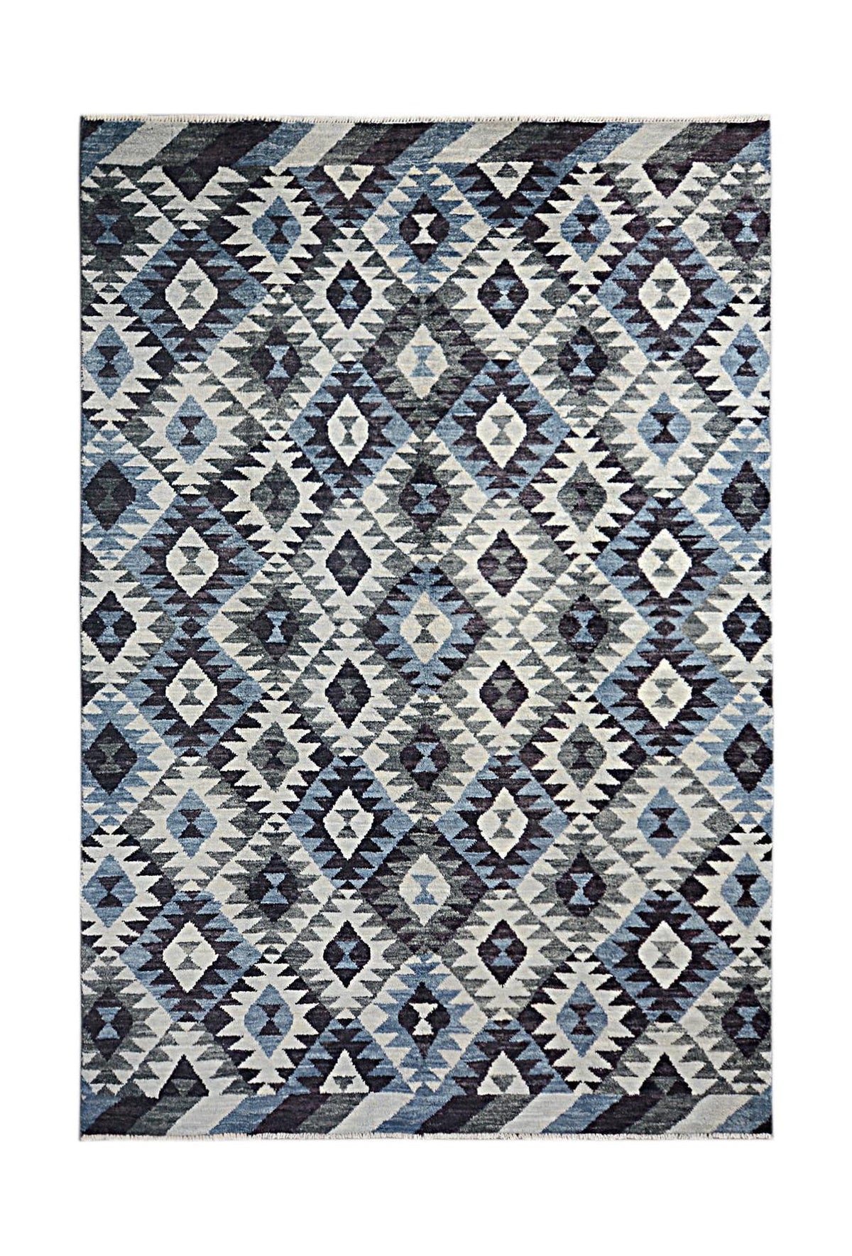 Handmade Afghan wool rug featuring a geometric diamond pattern in shades of blue, grey, and white.