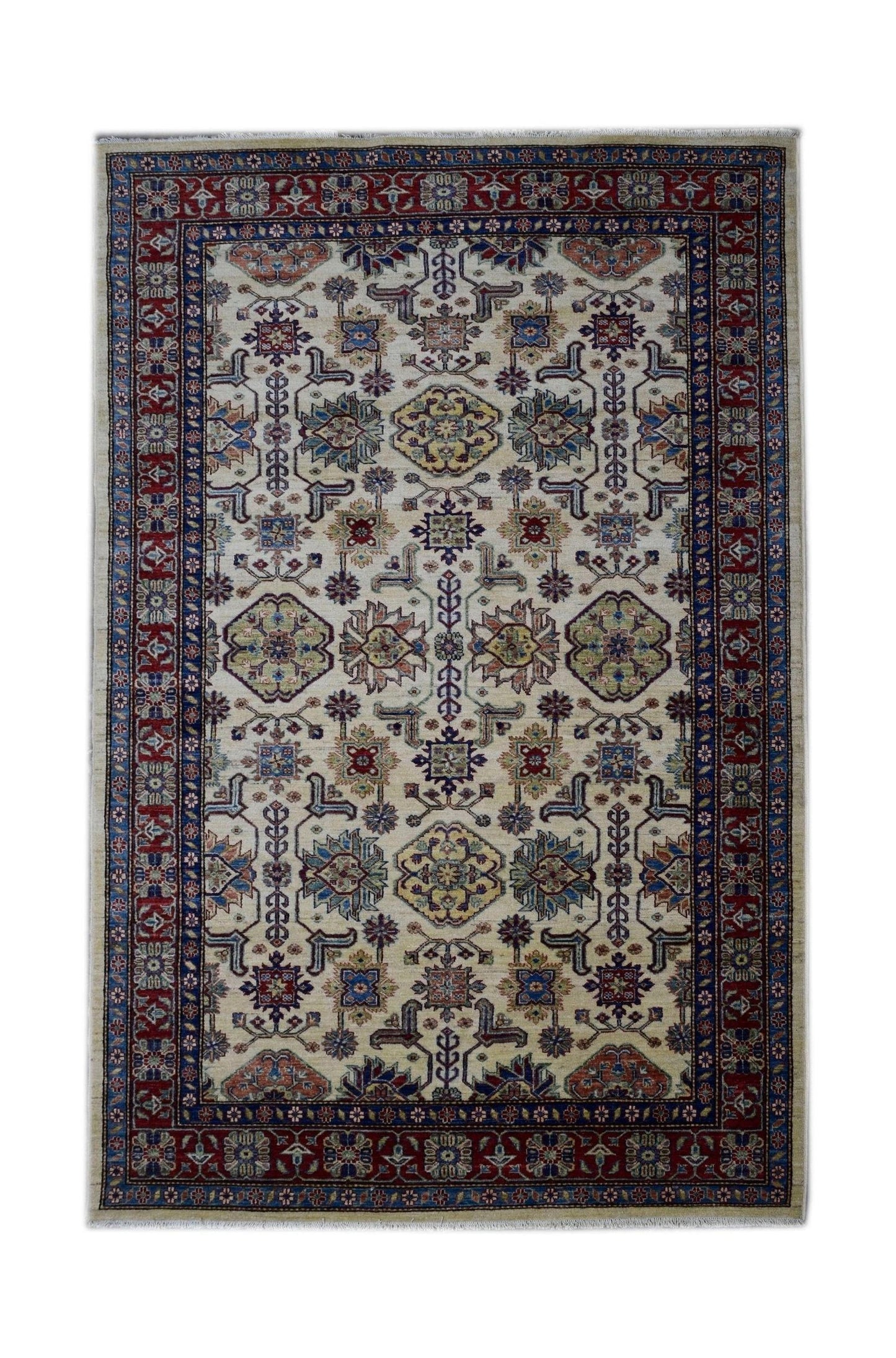 Handmade Afghan Super Kazakh rug featuring a traditional geometric pattern in red, blue, and cream.