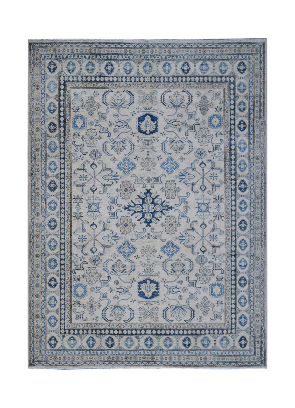 Hand-knotted Afghan Super Kazakh rug featuring blue and cream geometric tribal motifs and a detailed repeating border.